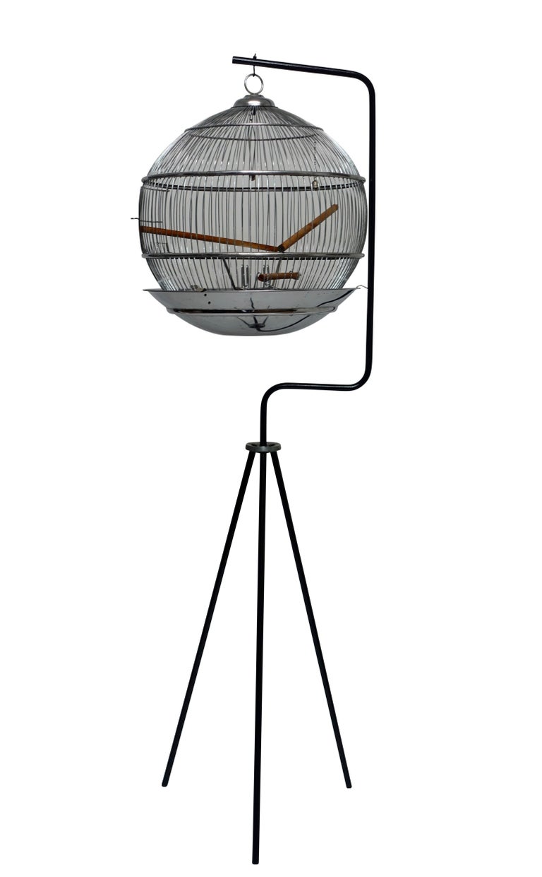Vintage Chrome Bird Cage on Tripod Stand, American, circa 1950 at 1stDibs