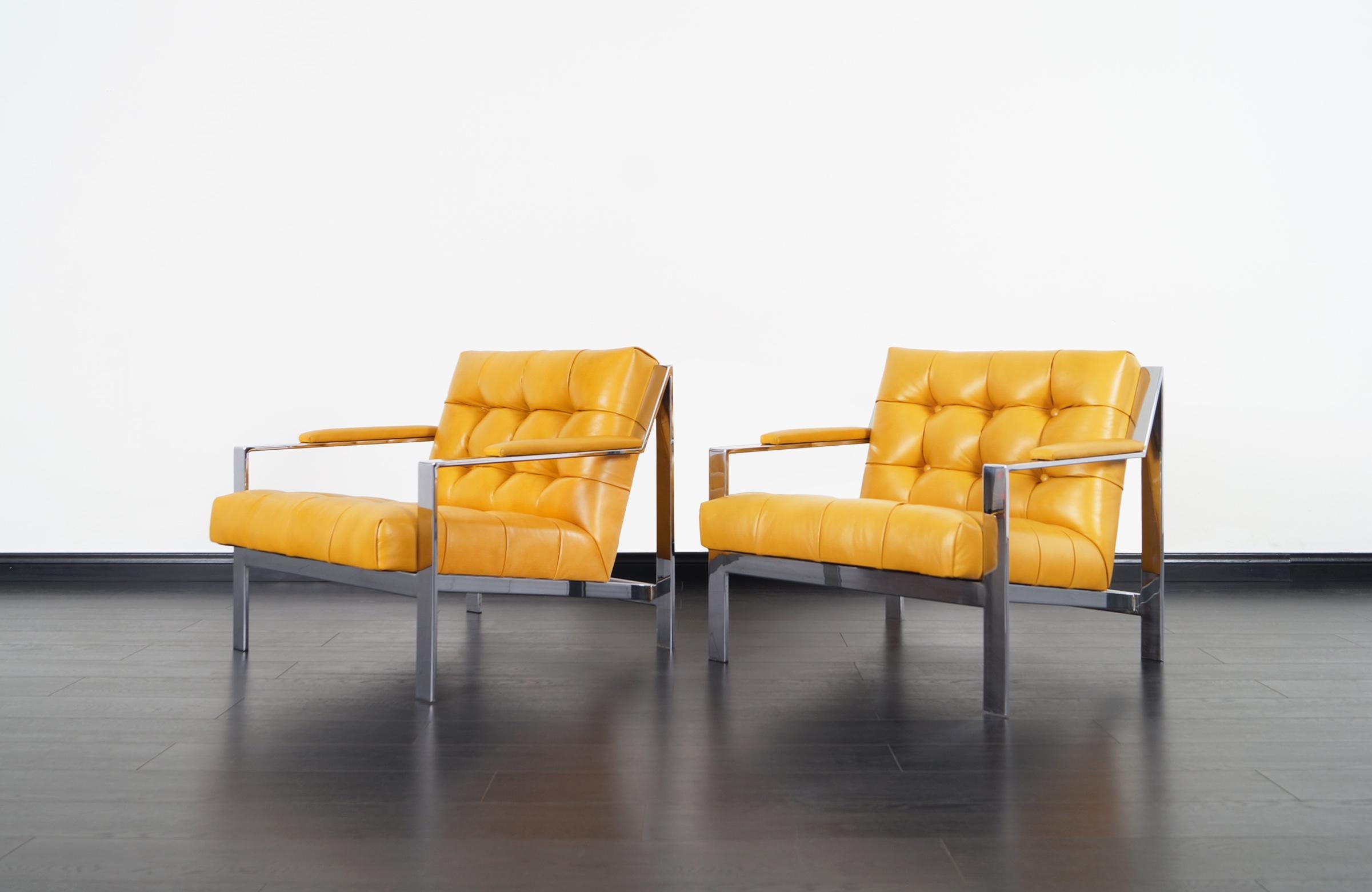 Mid-Century Modern Vintage Chrome and Leather Biscuit Tufted Lounge Chairs by Cy Mann