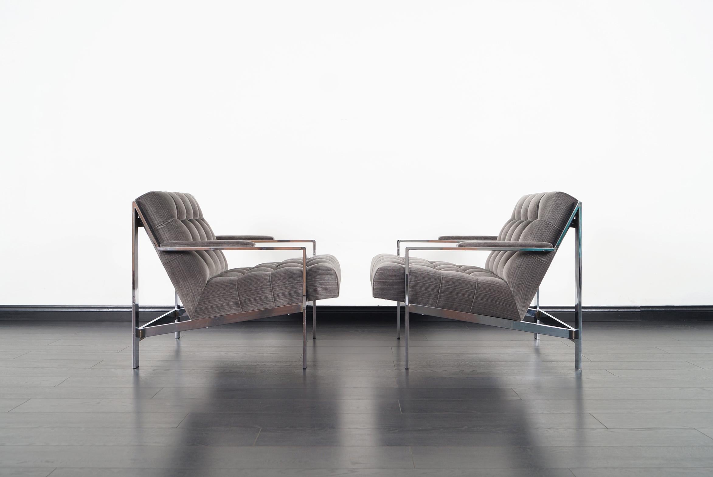 Mid-Century Modern Vintage Chrome Biscuit Tufted Lounge Chairs by Cy Mann