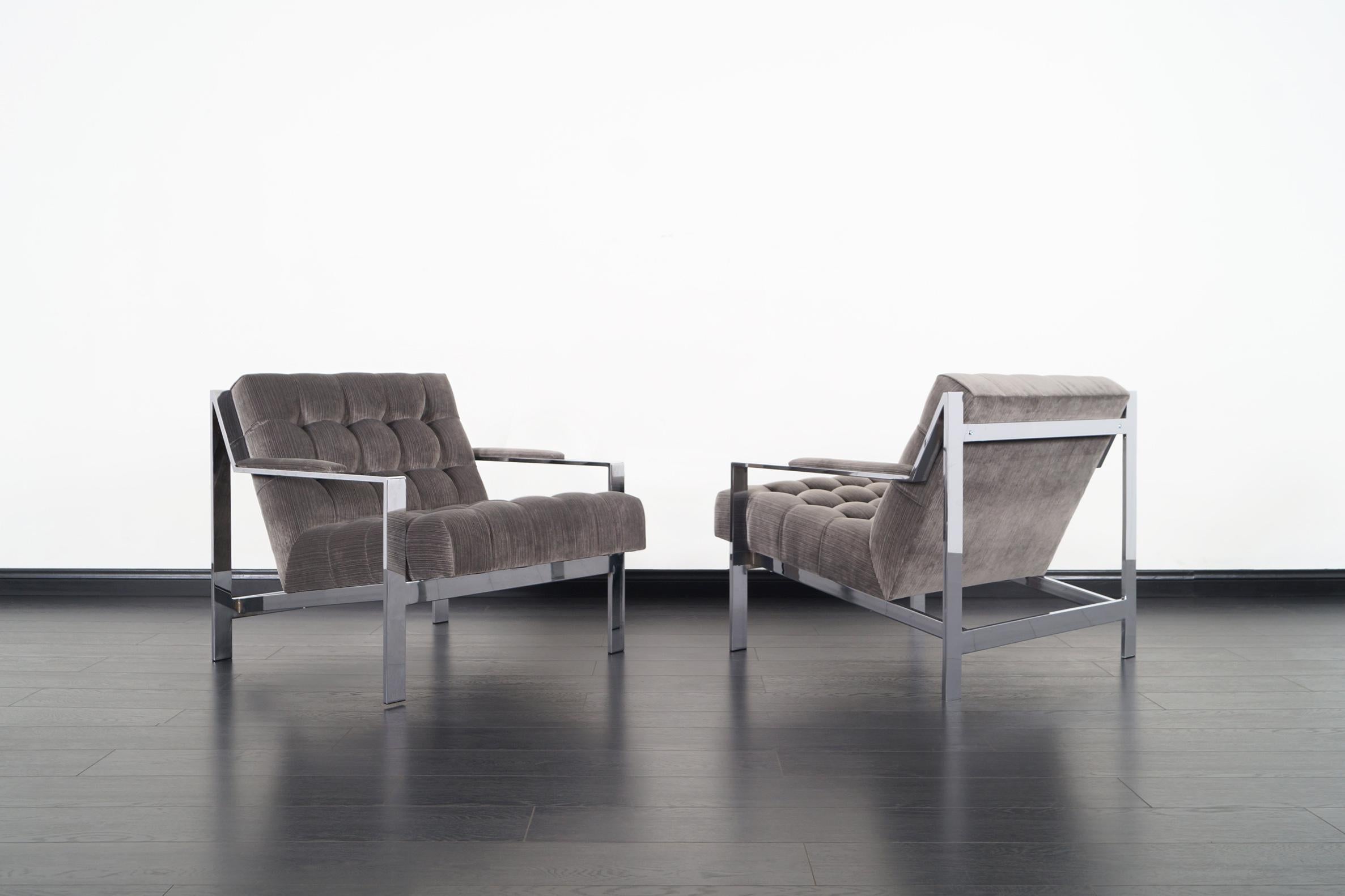 American Vintage Chrome Biscuit Tufted Lounge Chairs by Cy Mann