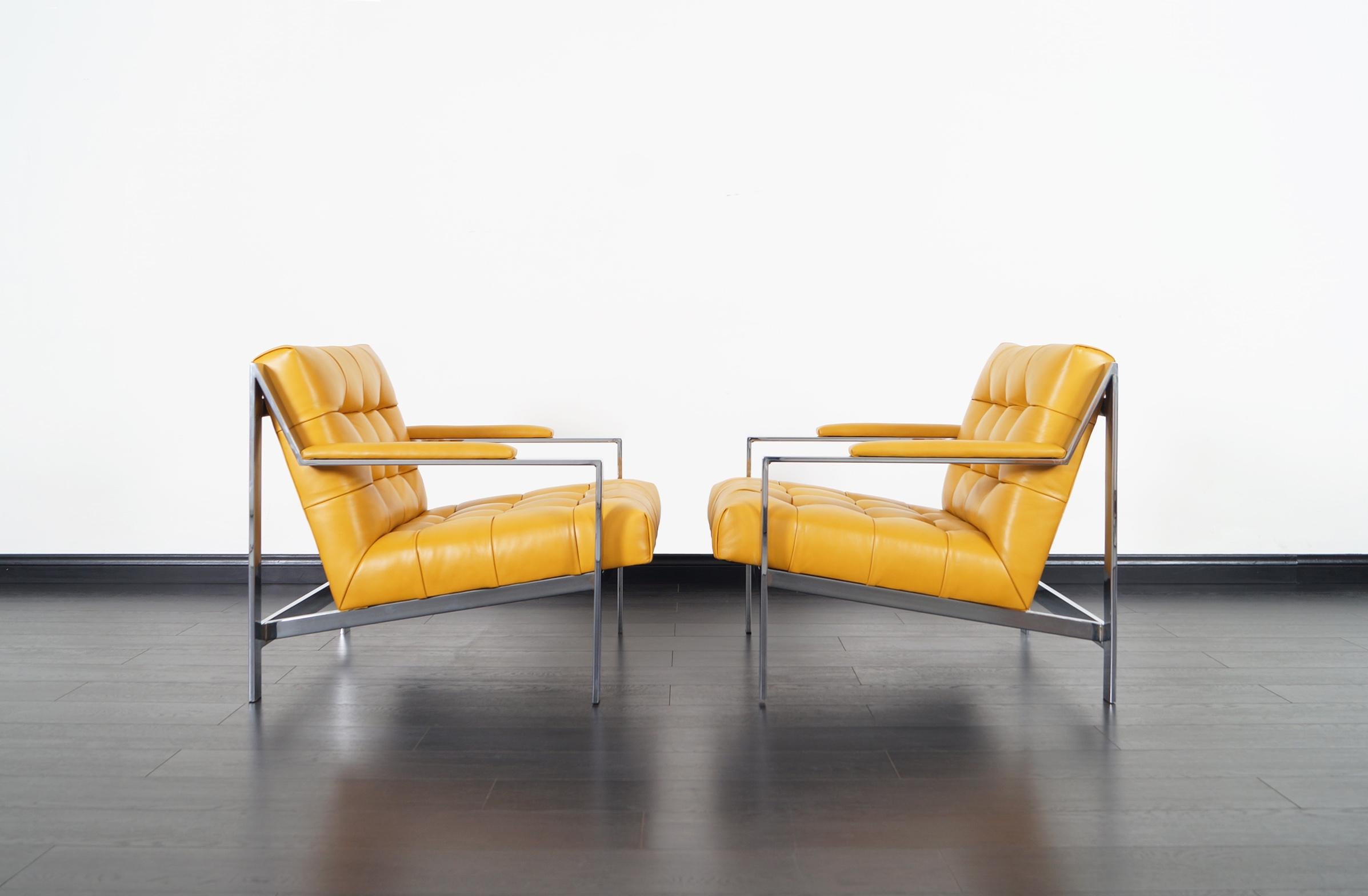 Late 20th Century Vintage Chrome and Leather Biscuit Tufted Lounge Chairs by Cy Mann