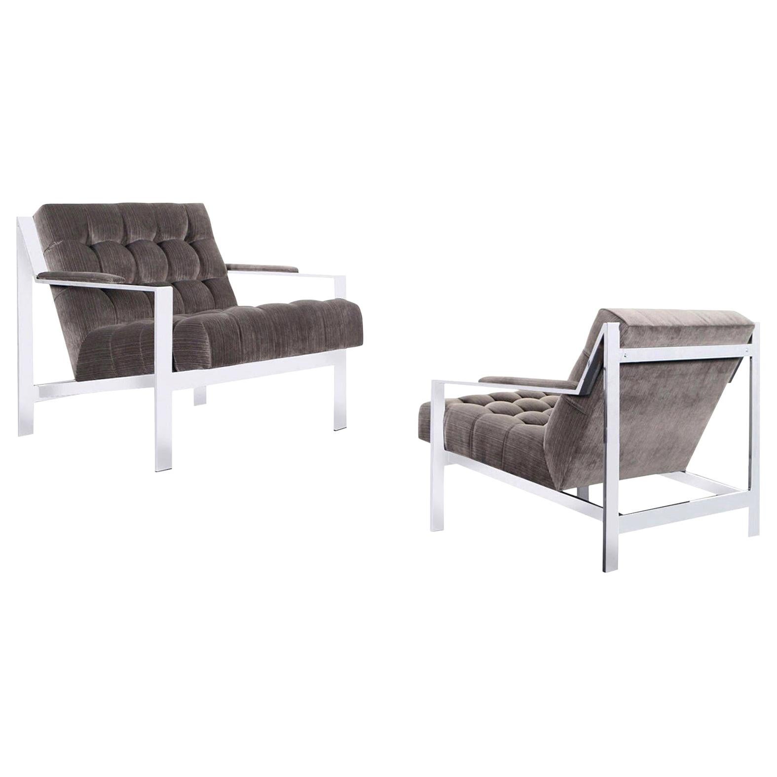 Vintage Chrome Biscuit Tufted Lounge Chairs by Cy Mann