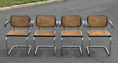 Vintage Chrome & Black Caned Cantilever Armchair Set of 4