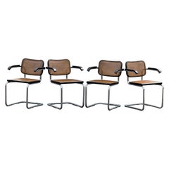 Vintage Chrome & Black Caned Cantilever Armchair Set of 4
