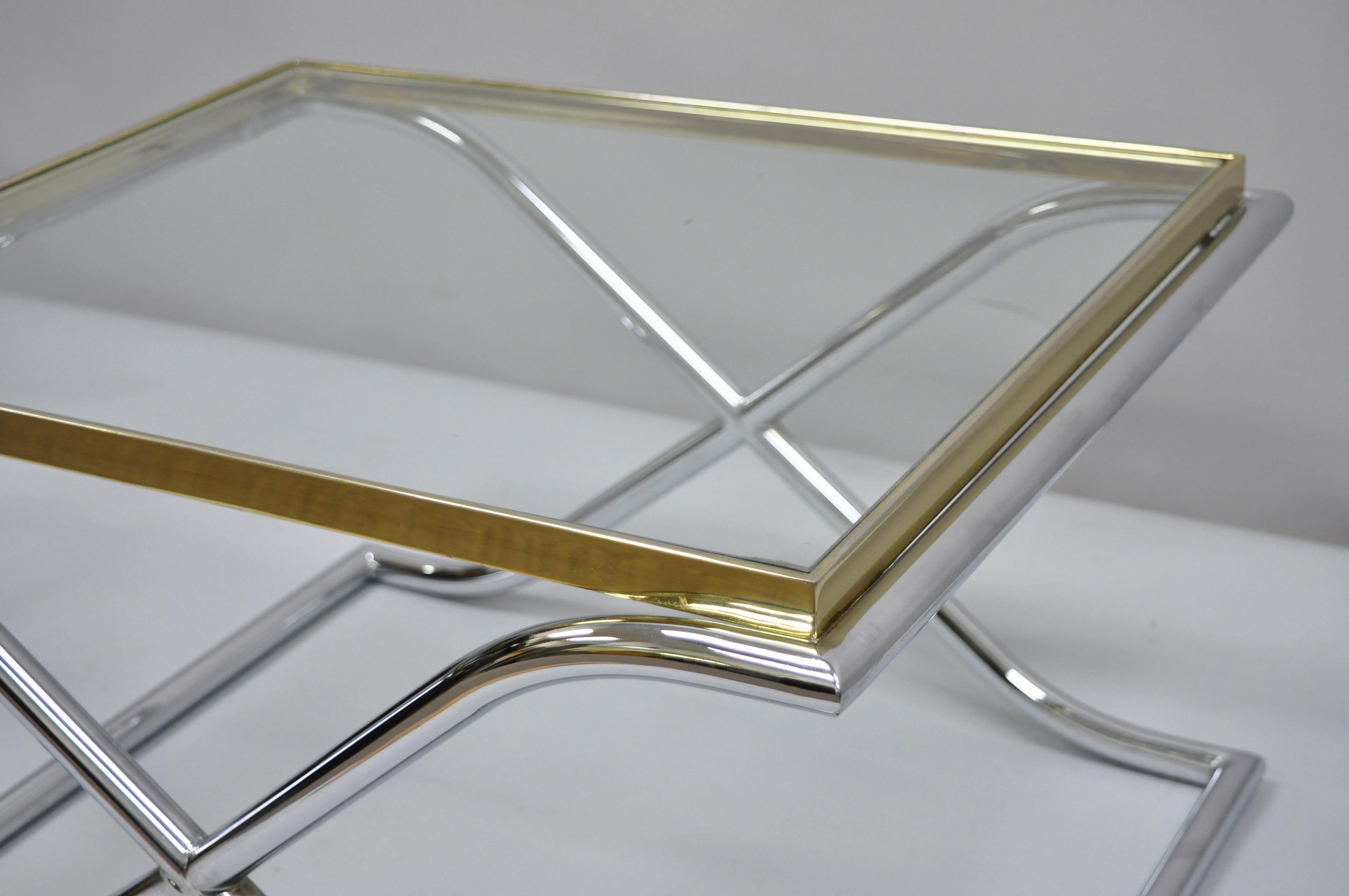 Late 20th Century Vintage Chrome Brass and Glass Hollywood Regency X-Frame Small Coffee Side Table For Sale