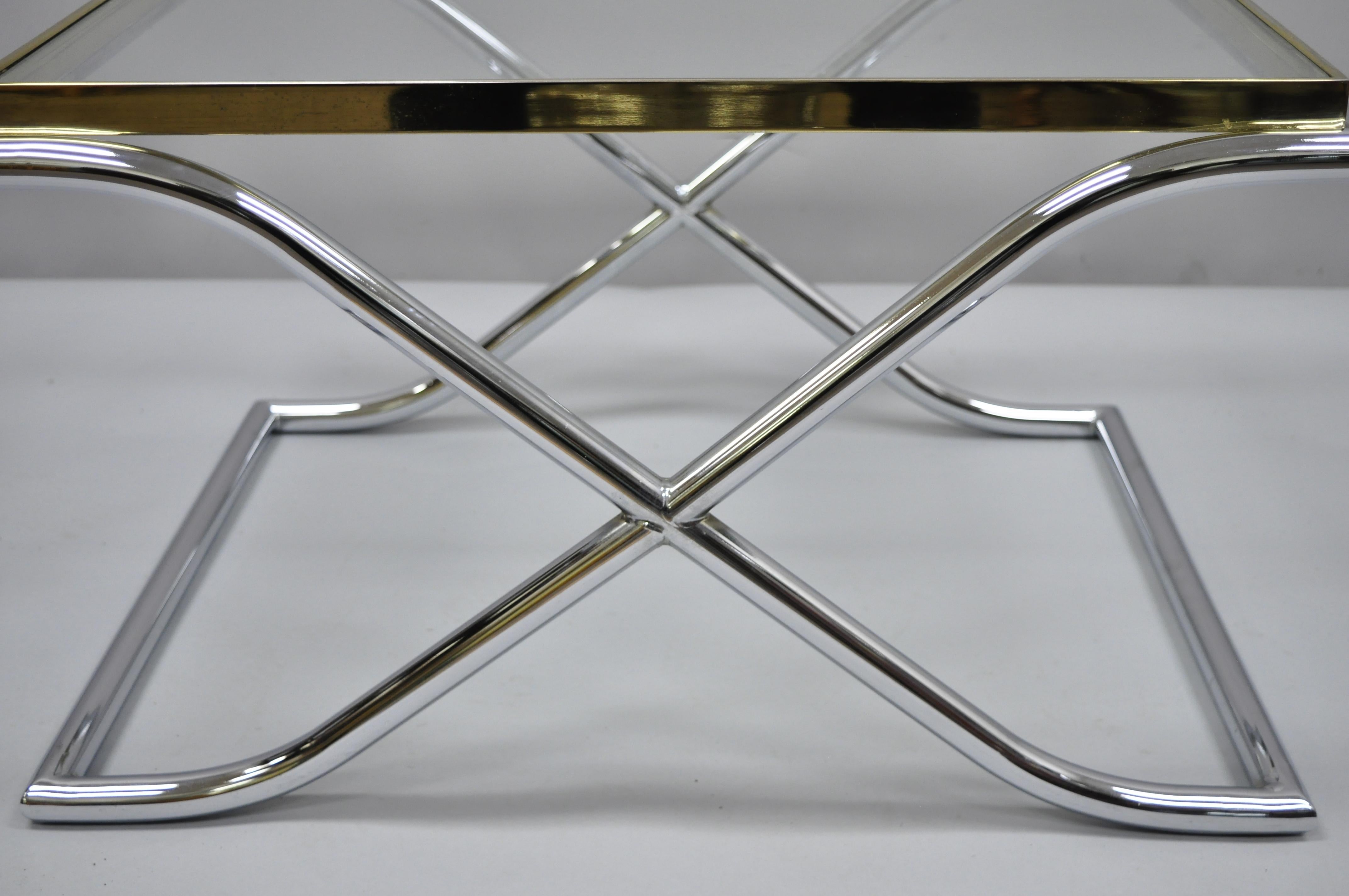 Vintage Chrome Brass and Glass Hollywood Regency X-Frame Small Coffee Side Table For Sale 2
