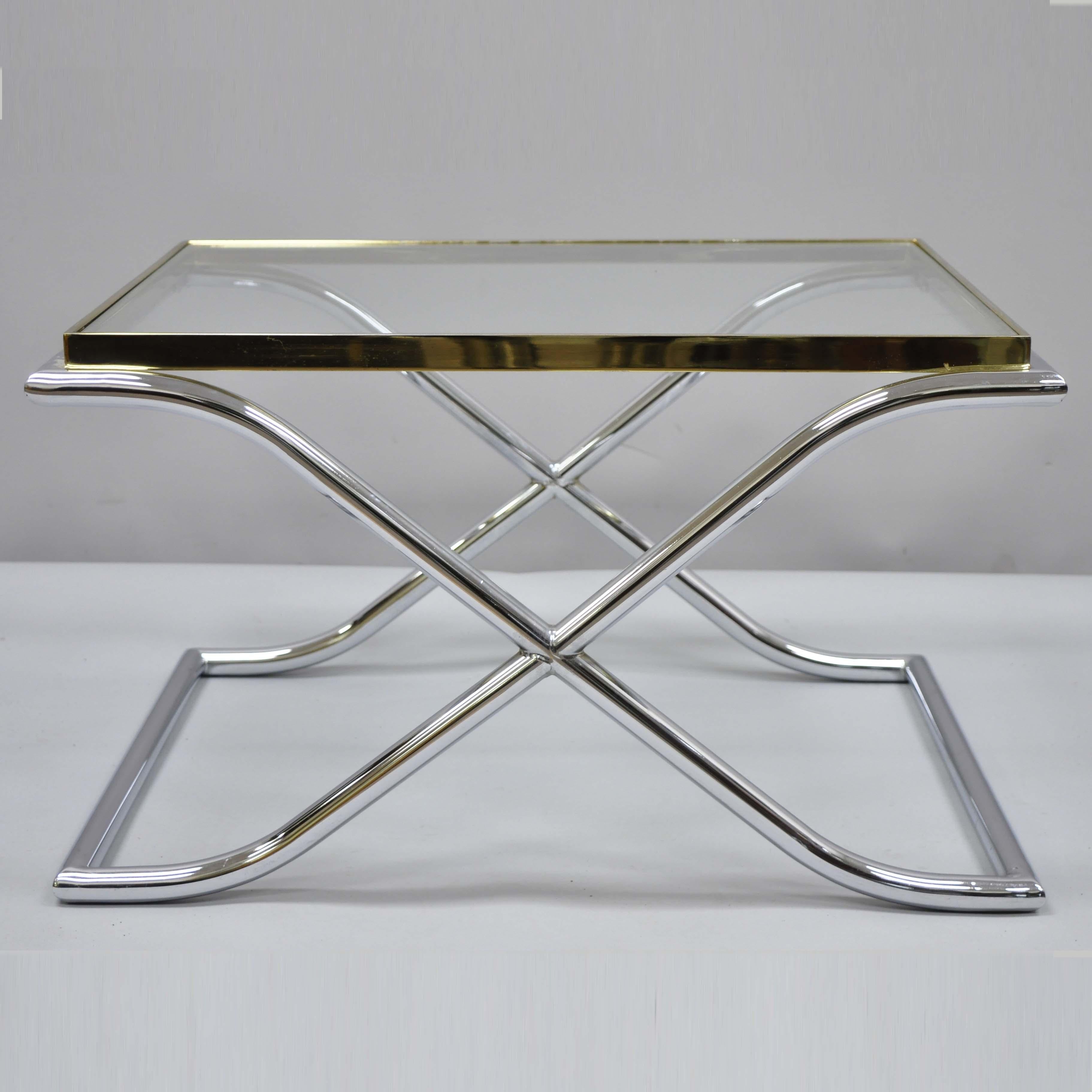 Vintage Chrome Brass and Glass Hollywood Regency X-Frame Small Coffee Side Table For Sale 3