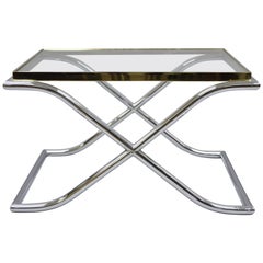 Vintage Chrome Brass and Glass Hollywood Regency X-Frame Small Coffee Side Table