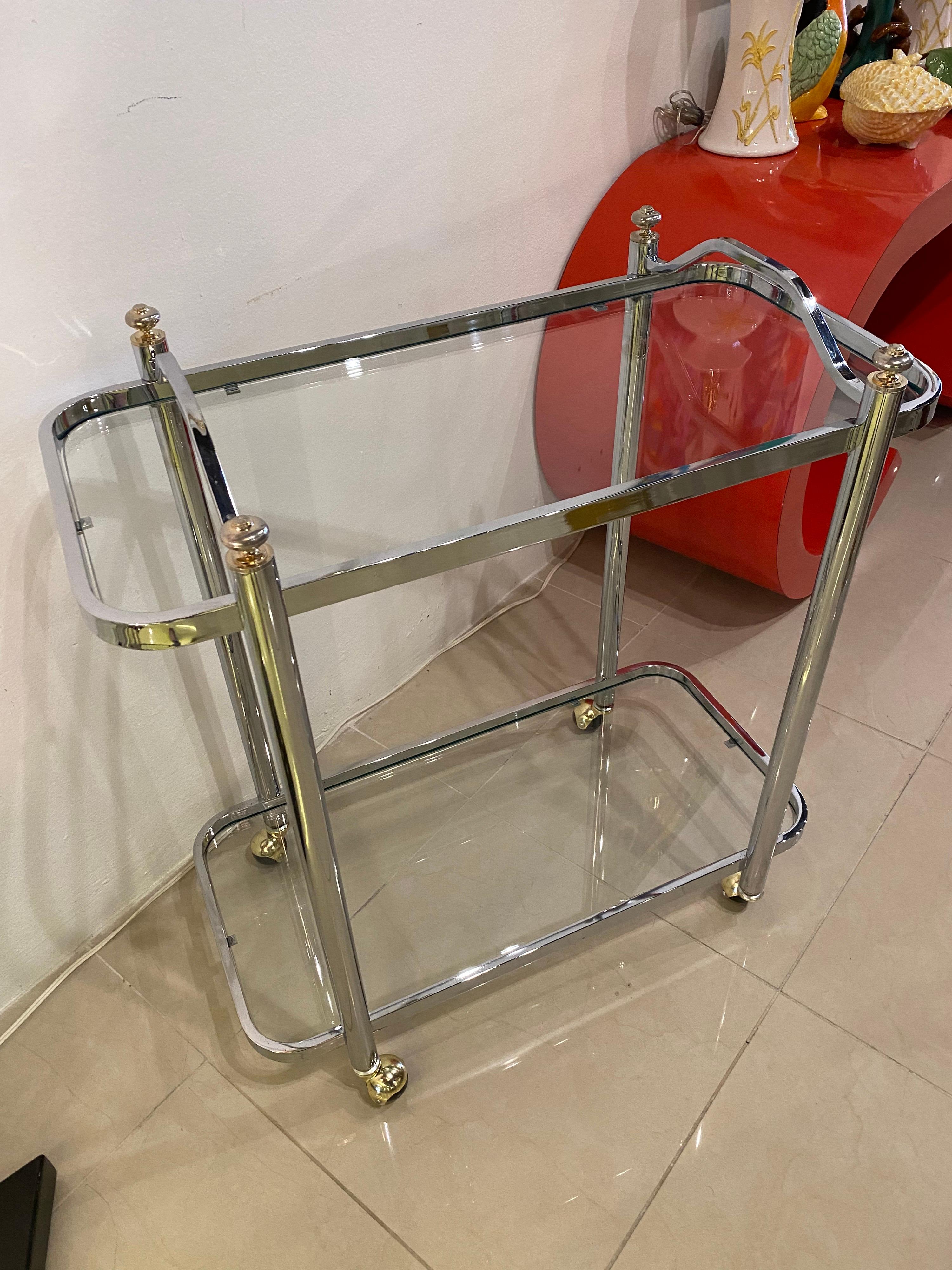 Vintage Chrome & Brass Barcart Bar Cart 2 Glass Shelves Restored For Sale 2