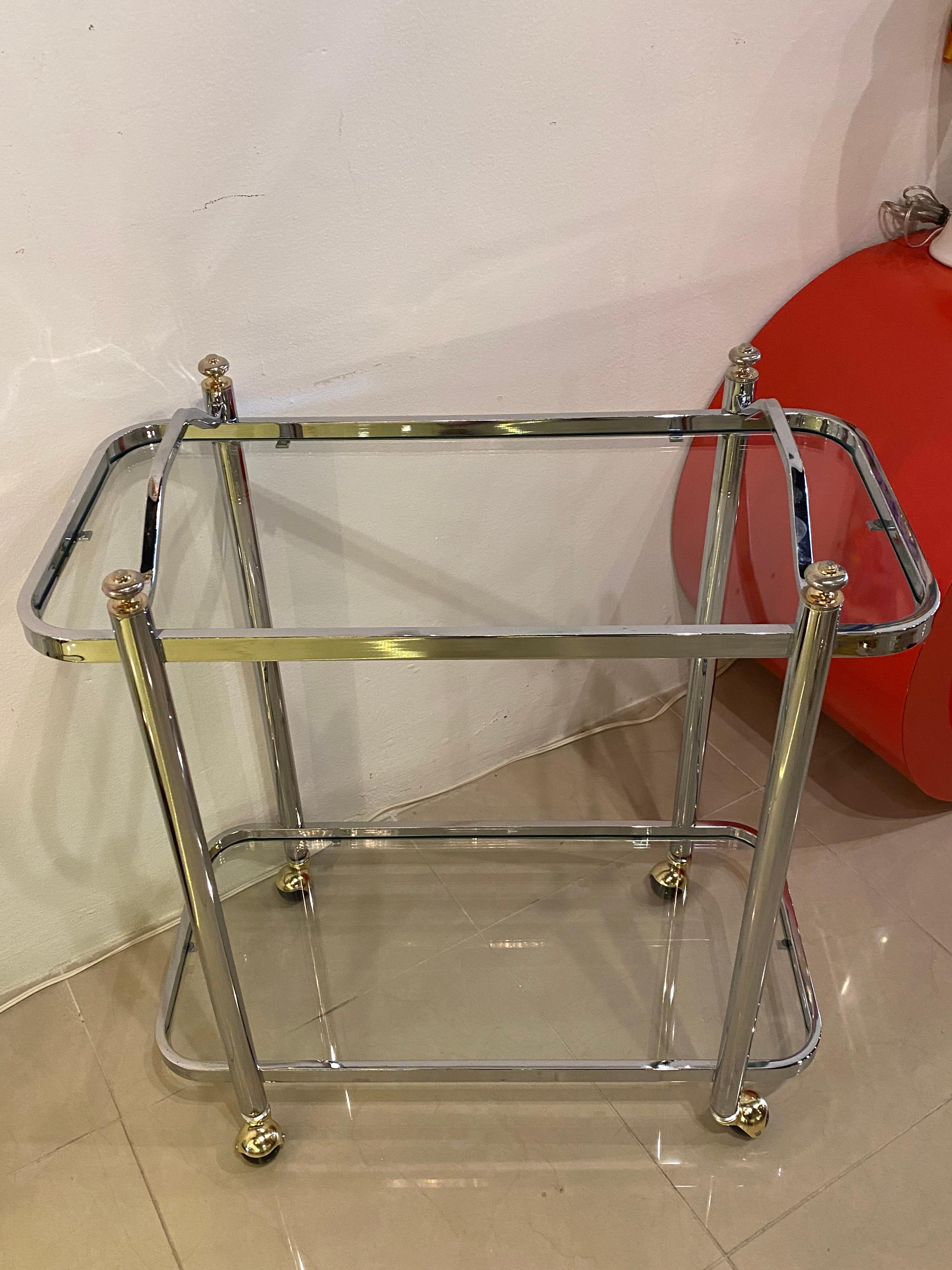 Vintage Chrome & Brass Barcart Bar Cart 2 Glass Shelves Restored For Sale 5