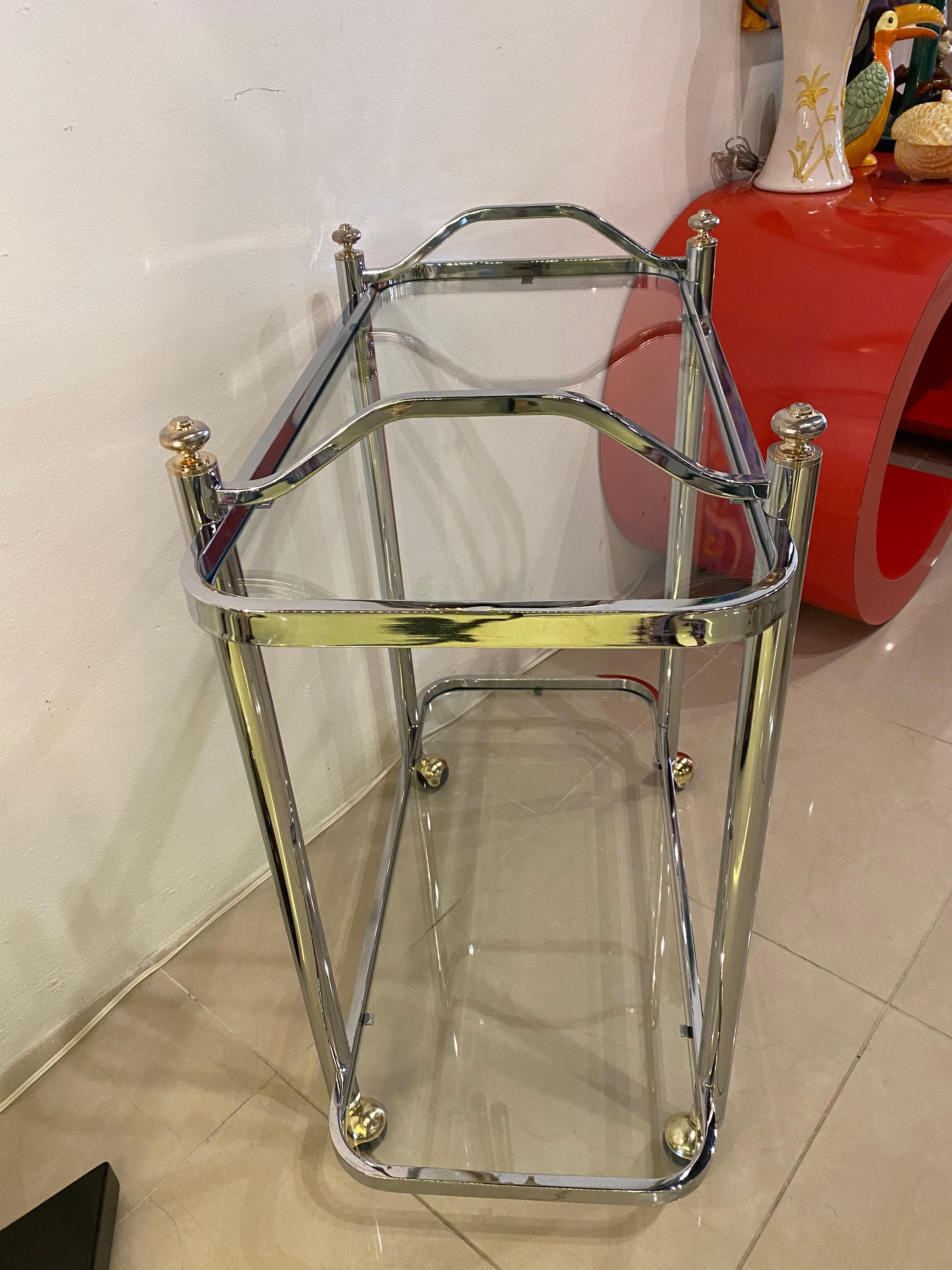 American Vintage Chrome & Brass Barcart Bar Cart 2 Glass Shelves Restored For Sale