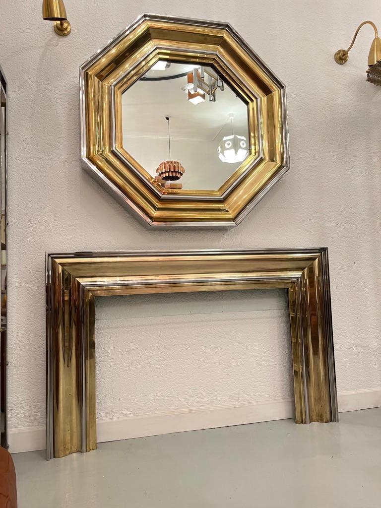 Italian Vintage Chrome & Brass Octagonal Wall Mirror & Fireplace by Sandro Petti, 1970s For Sale