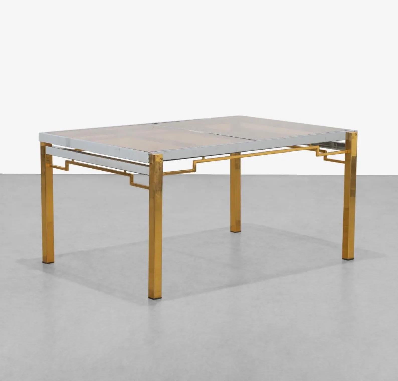 Hollywood Regency Vintage Chrome, Brass & Smoked Glass Expandable Dining Table In Style of DIA en vente