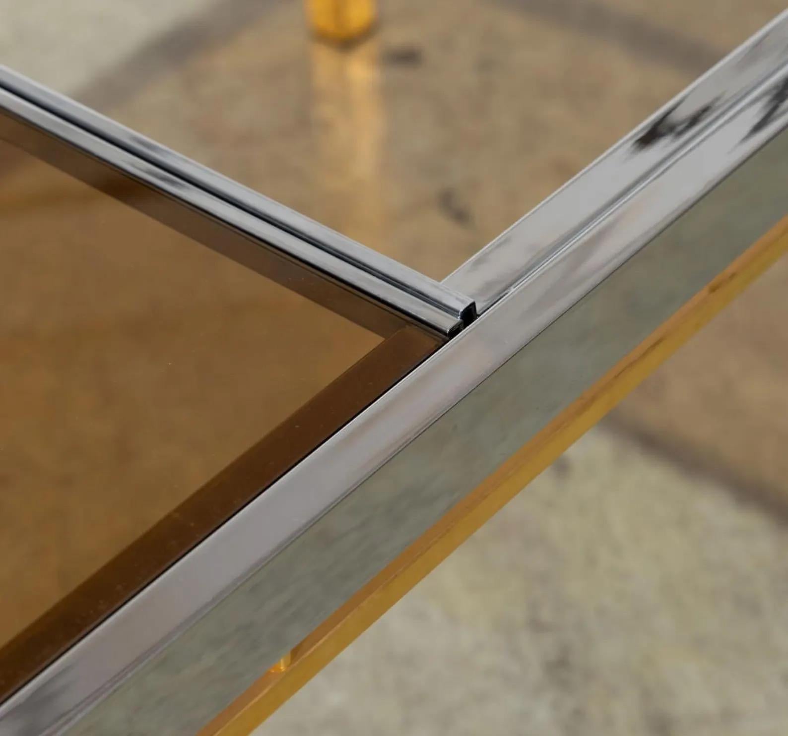 Verre Vintage Chrome, Brass & Smoked Glass Expandable Dining Table In Style of DIA en vente