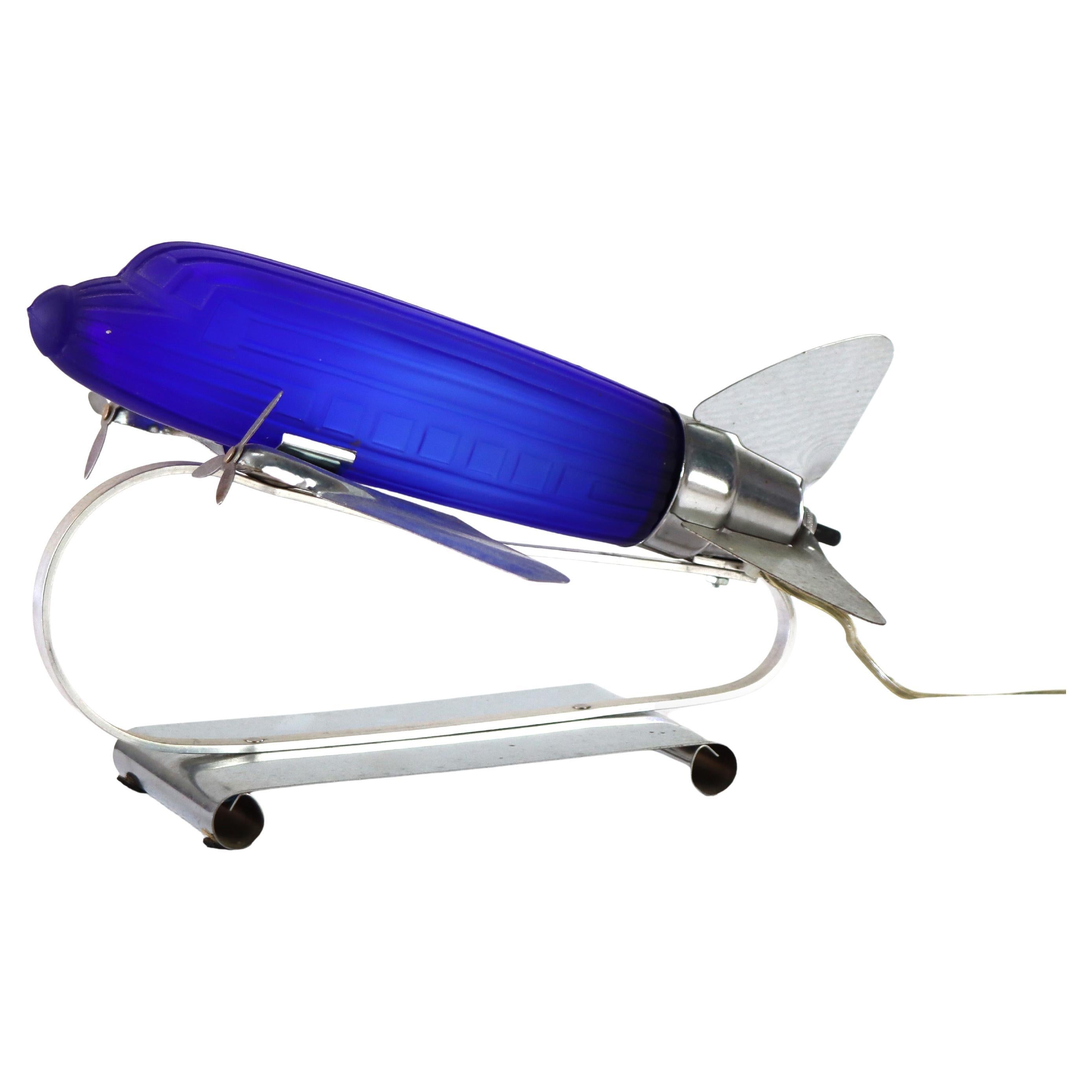 Vintage Chrome 
Cobalt Blue Art Deco DC-3 Airplane Table Lamp C1977