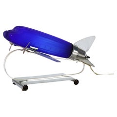Vintage Chrome & Cobalt Blue Art Deco DC-3 Airplane Table Lamp C1977