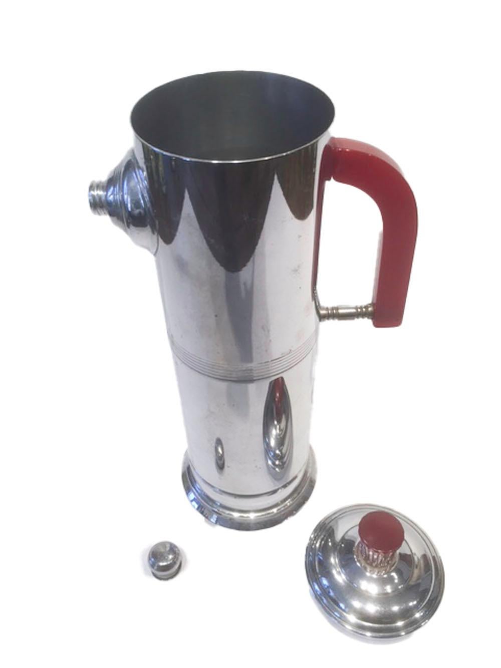 Machine Age Vintage Chrome Cocktail Shaker with Cherry Red Bakelite Handle and Knob For Sale