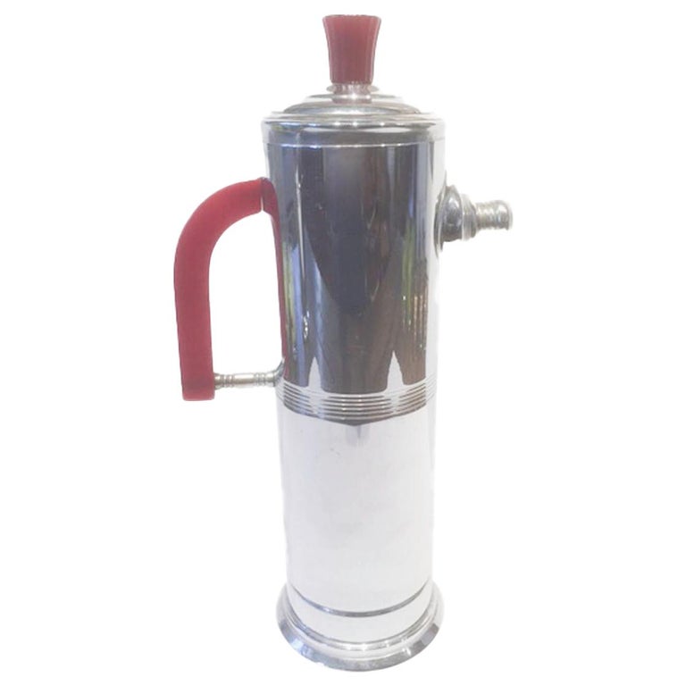 Vintage Chrome Cocktail Shaker with Cherry Red Bakelite Handle and Knob For Sale