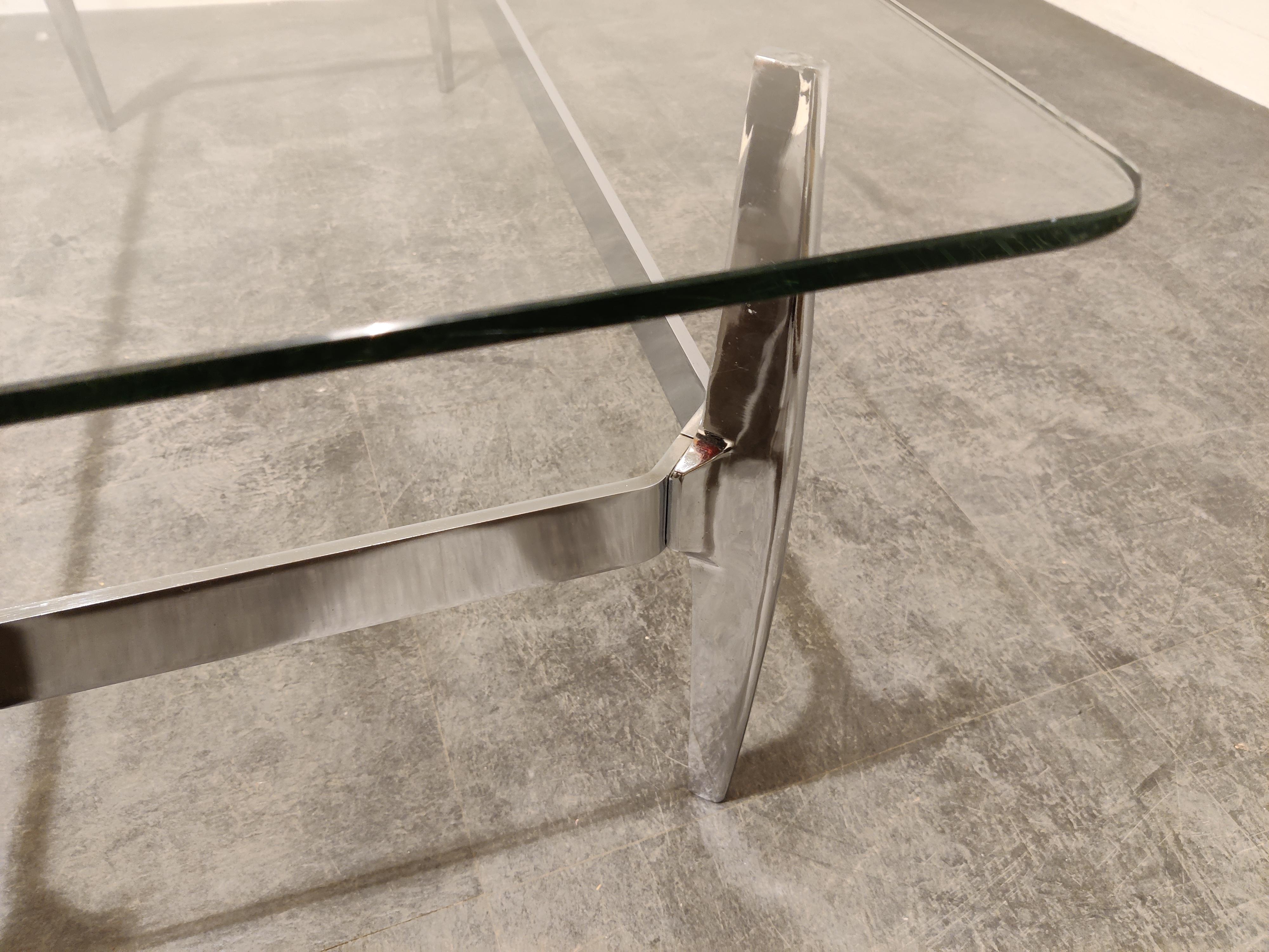 Rare model mid century chromed steel coffee table by Knut Hesterberg for Ronald Schmitt.

The table has a clear glass top with a finely crafte sculptural schromed steel base.

Timeless design.

Good condition.

1970s, Germany

Measures: