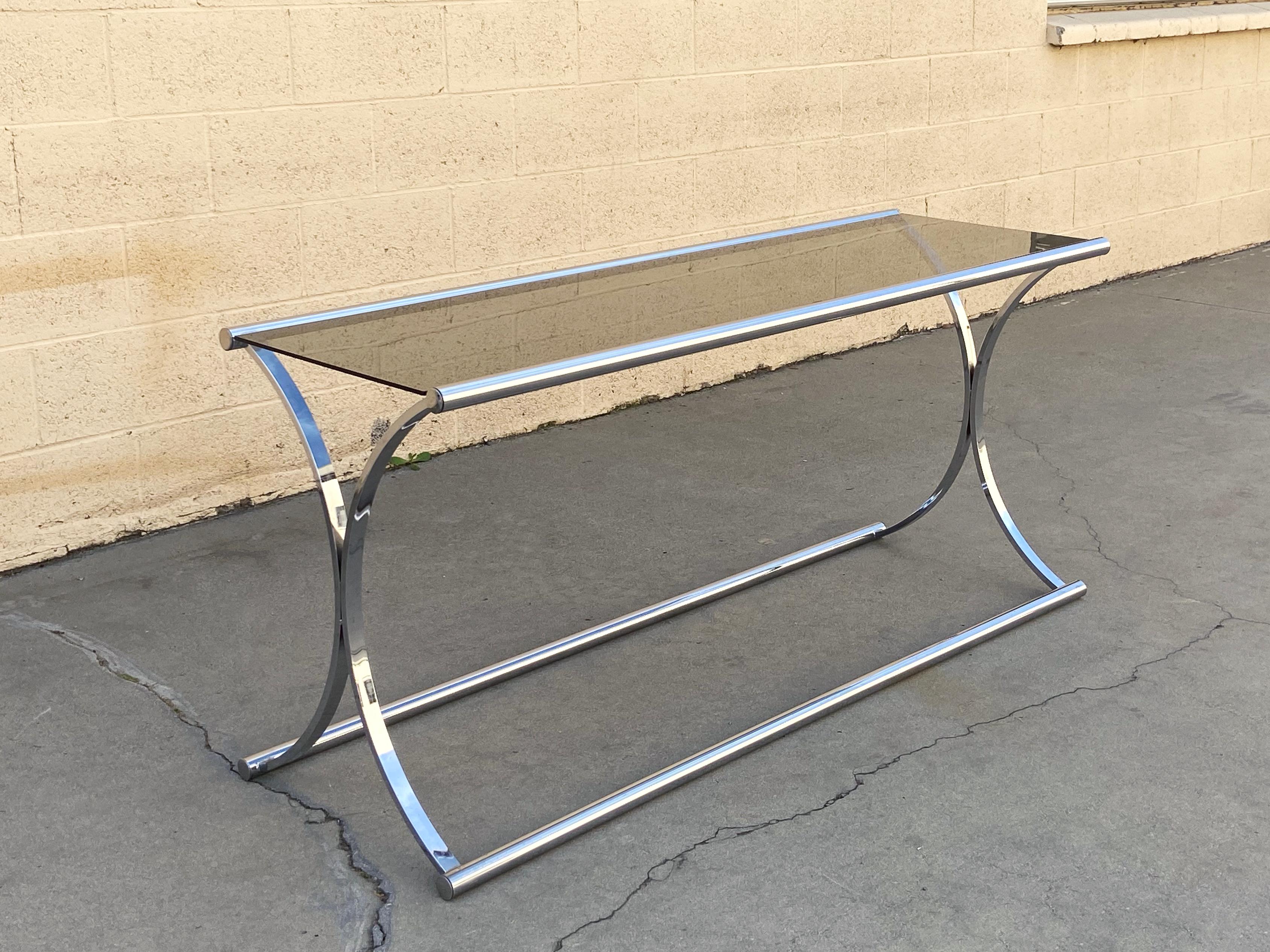 Minimalist Vintage Chrome Console Table with Smoked Glass For Sale