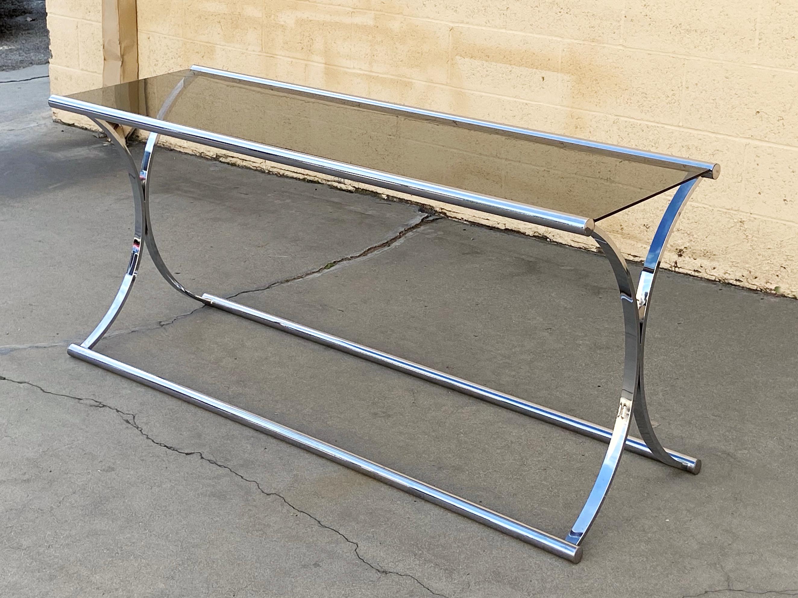 North American Vintage Chrome Console Table with Smoked Glass For Sale