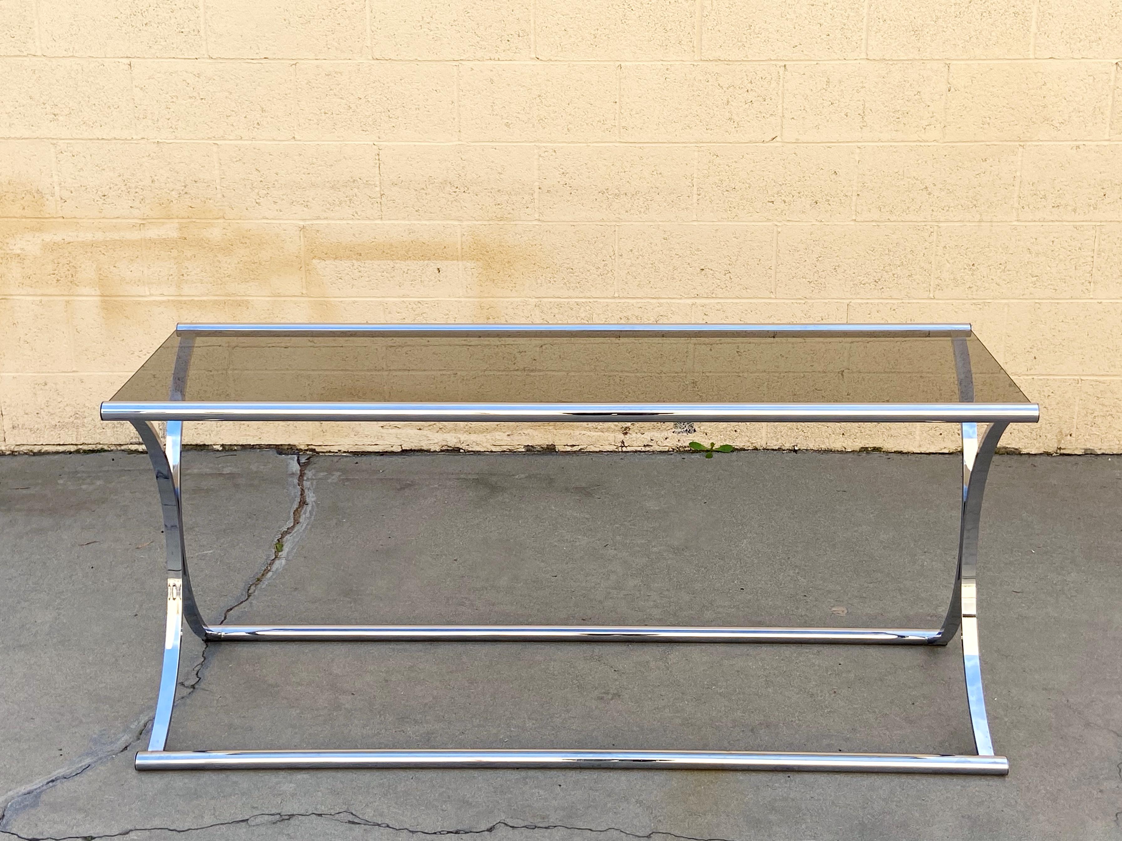 Polychromed Vintage Chrome Console Table with Smoked Glass For Sale