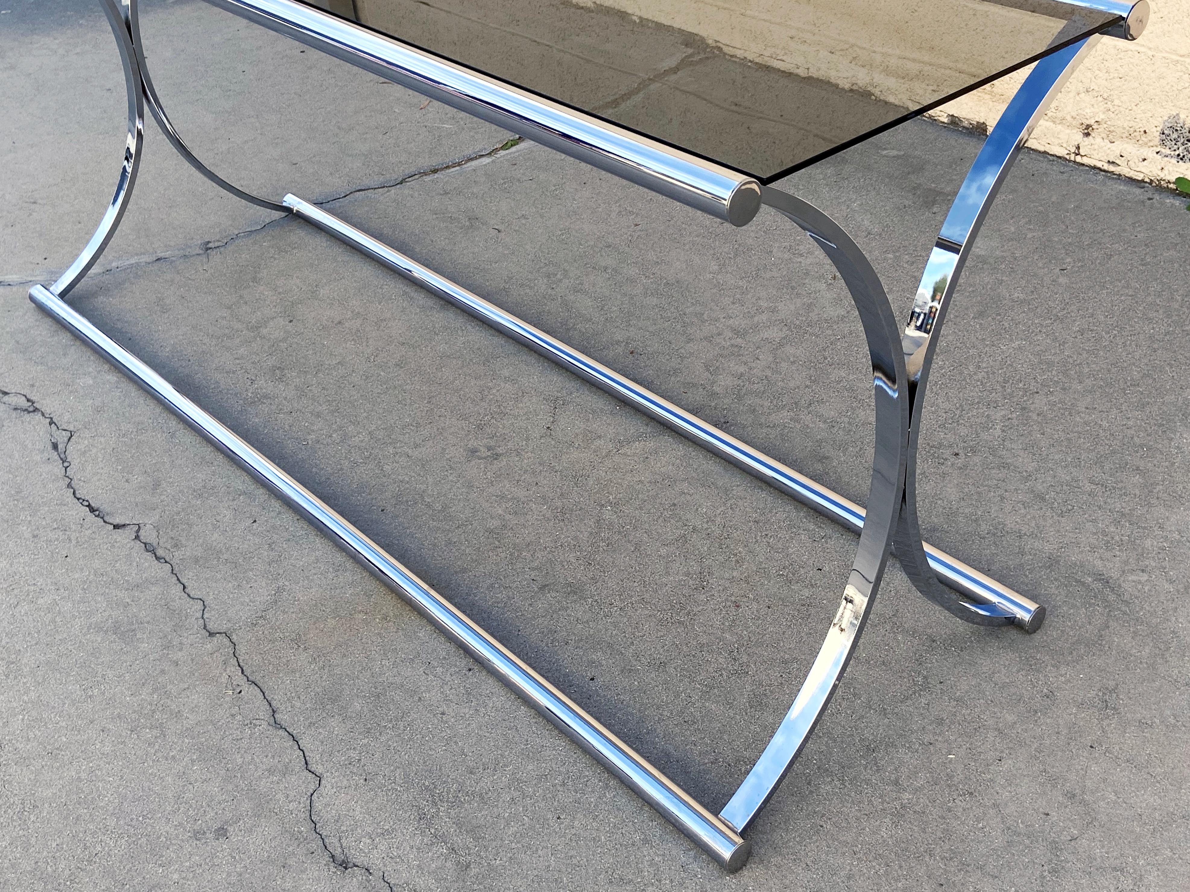 Vintage Chrome Console Table with Smoked Glass In Good Condition For Sale In Alhambra, CA