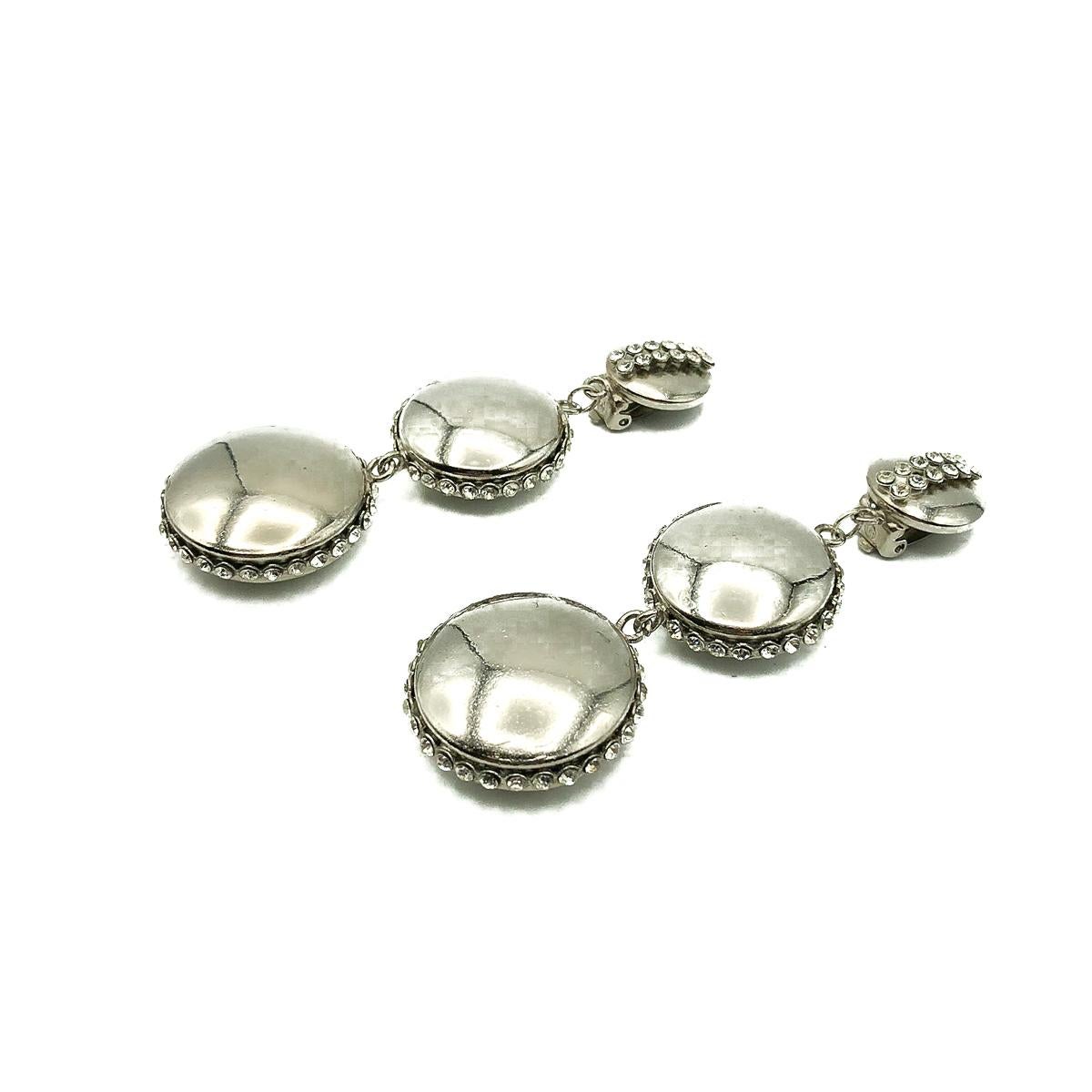 Vintage Monochrome Button Earrings. Crafted in high quality chromed metal and glass crystals. In very good vintage condition without damage or repair, approx. 8cms. A fabulous pair of ultra chic statement earrings that will prove versatile and