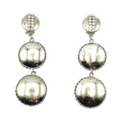 Retro Chrome & Crystal Button Drop Earrings 1970s