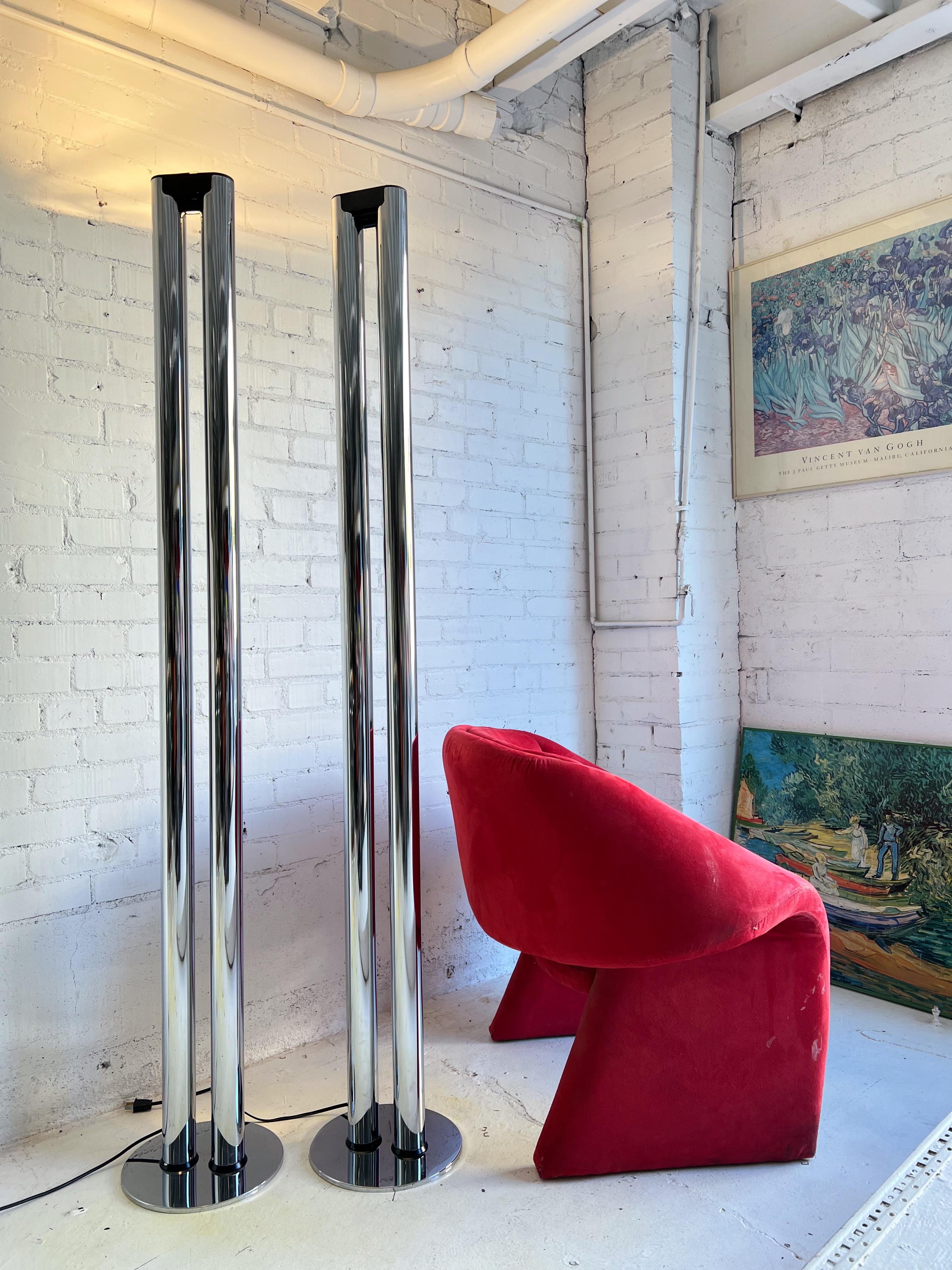 Chrome pillar double tube torchieres c. 1980’s. Simple and elegant design with a striking, harmonious presence. Provide balance to any vignette while adding warm, indirect light to your space.

Beautiful vintage condition, chrome is well preserved