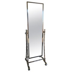 Vintage Chrome Frame Faux Bamboo Cheval Floor Mirror 64.5"H