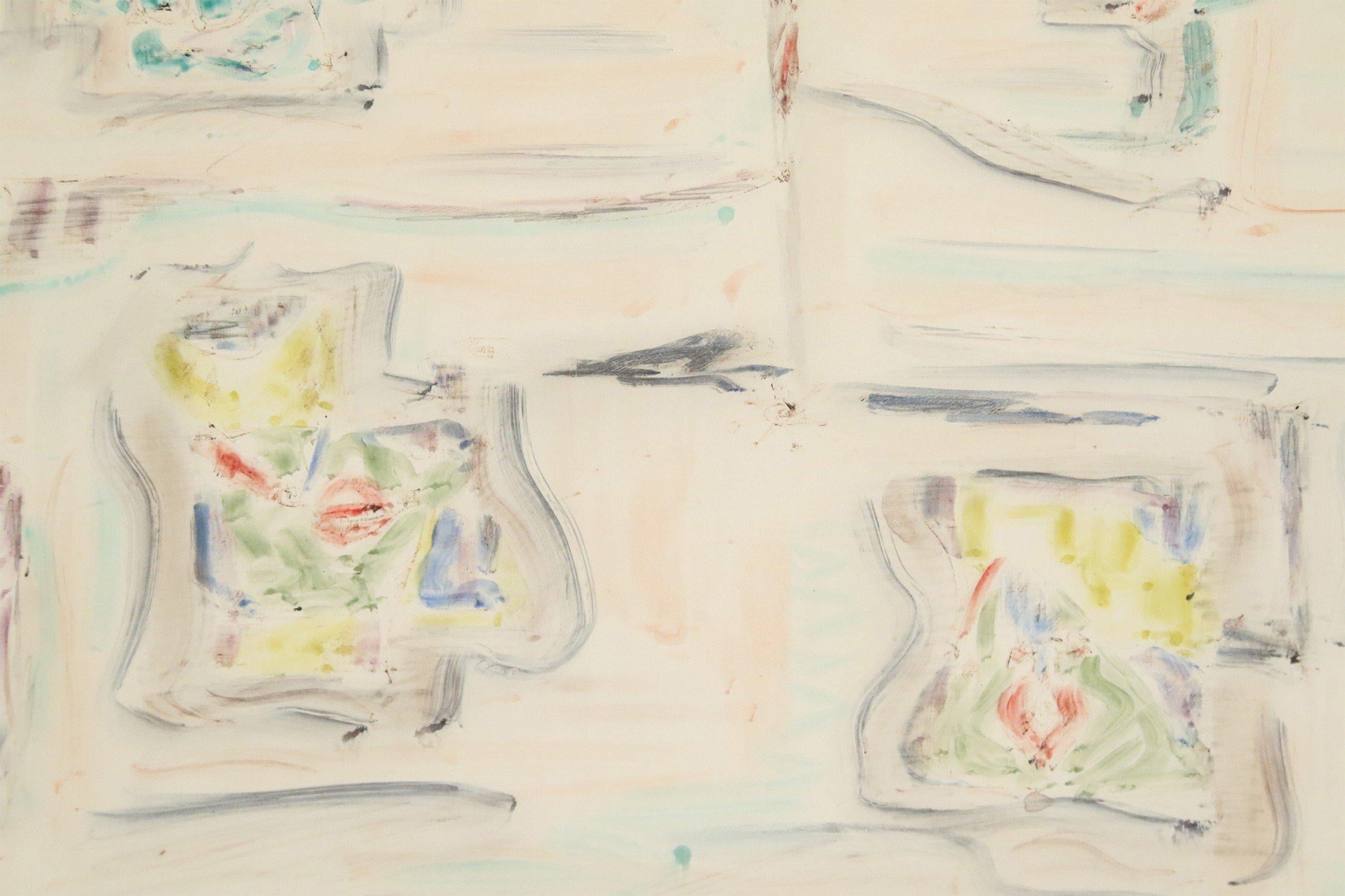 Mid-Century Modern Vintage Chrome Framed Abstract Watercolor Painting