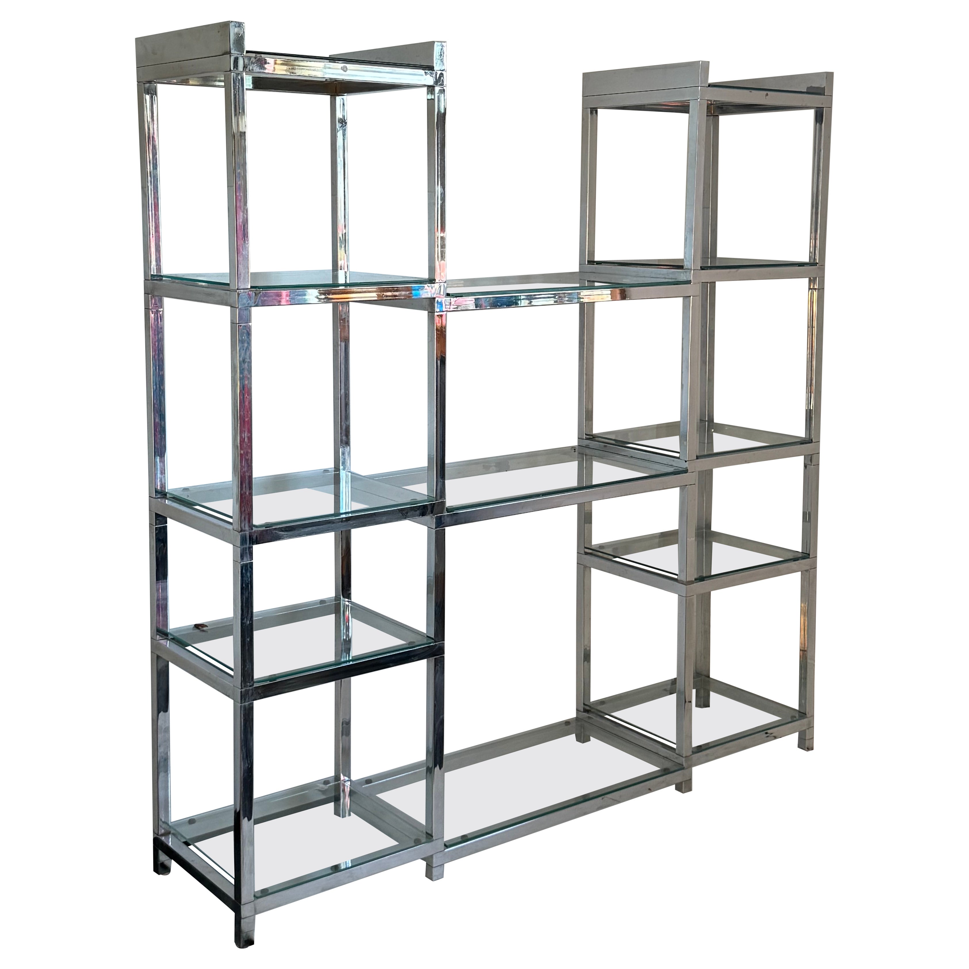 Vintage Chrome & Glass Tower Shelving Unit Bookshelf