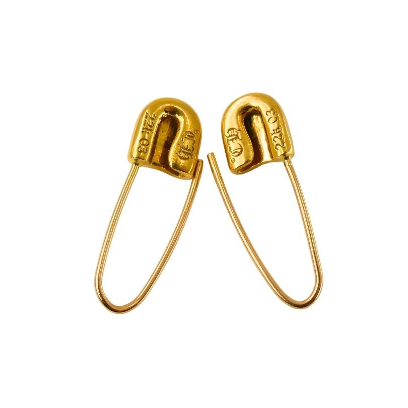 Vintage Chrome Hearts 22k Gold Two Safety Pins Earrings Original Pouch In Excellent Condition In Beverly Hills, CA