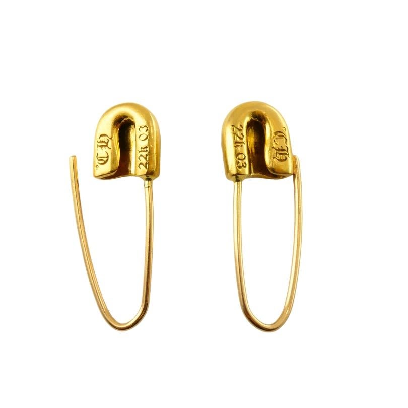 Vintage Chrome Hearts 22k Gold Two Safety Pins Earrings Original Pouch 1