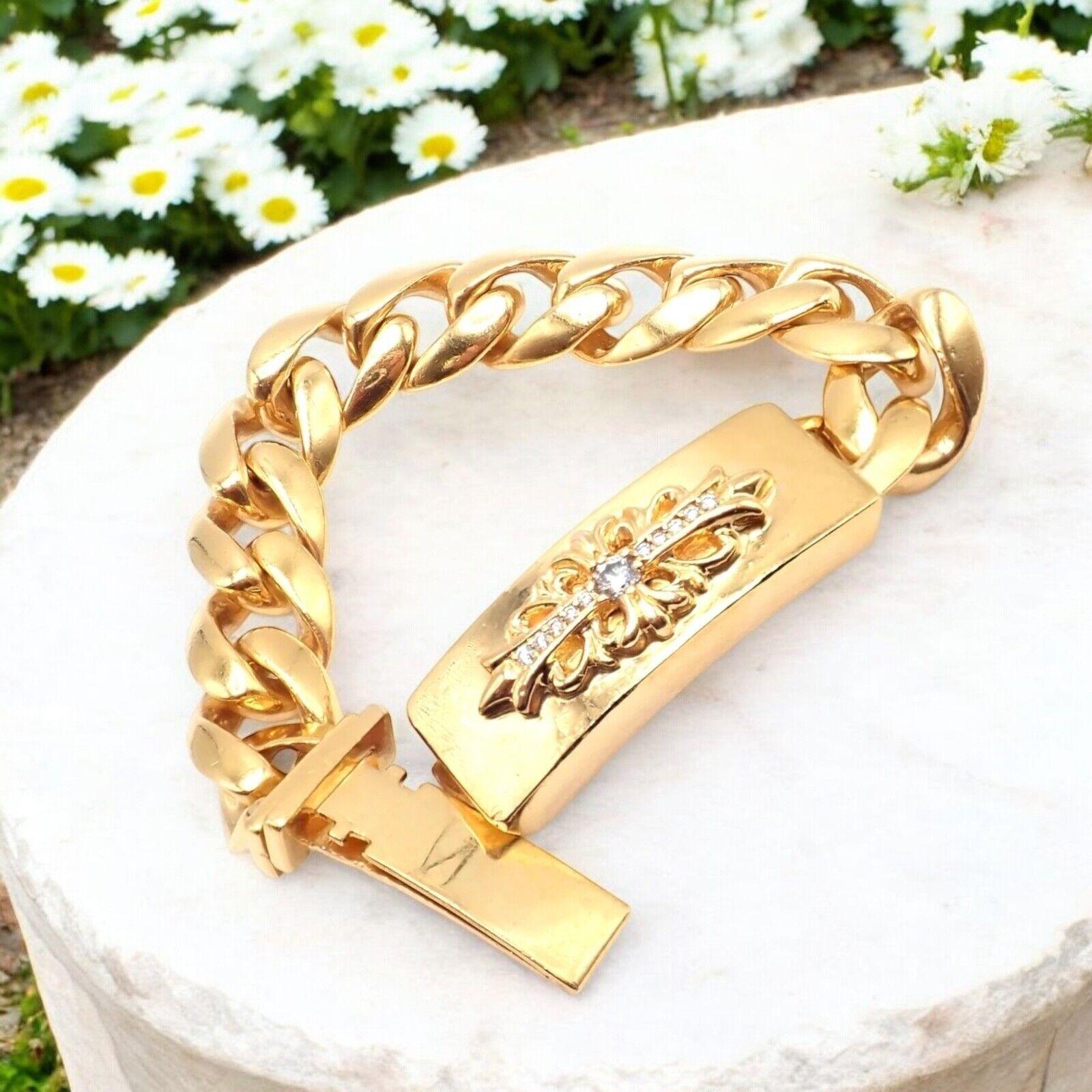 Vintage Chrome Hearts 22k Yellow Gold Diamond Heavy Link ID Bracelet. 
With 11 Round brilliant cut diamonds VS1 clarity, G color.
Behold the pinnacle of opulent design with this Vintage, Authentic Chrome Hearts 22k Yellow Gold Diamond Heavy Link ID
