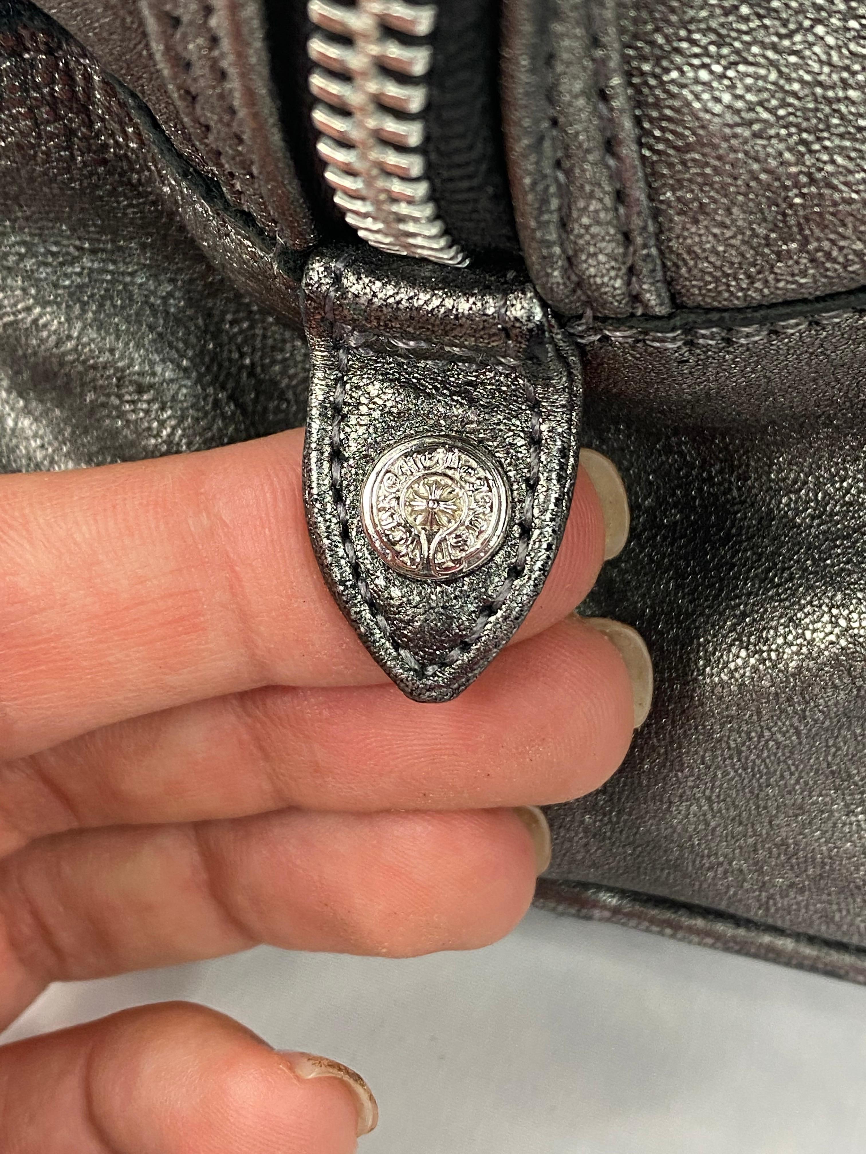 Black Vintage Chrome Hearts Grey Leather Sterling Silver Tote Handbag