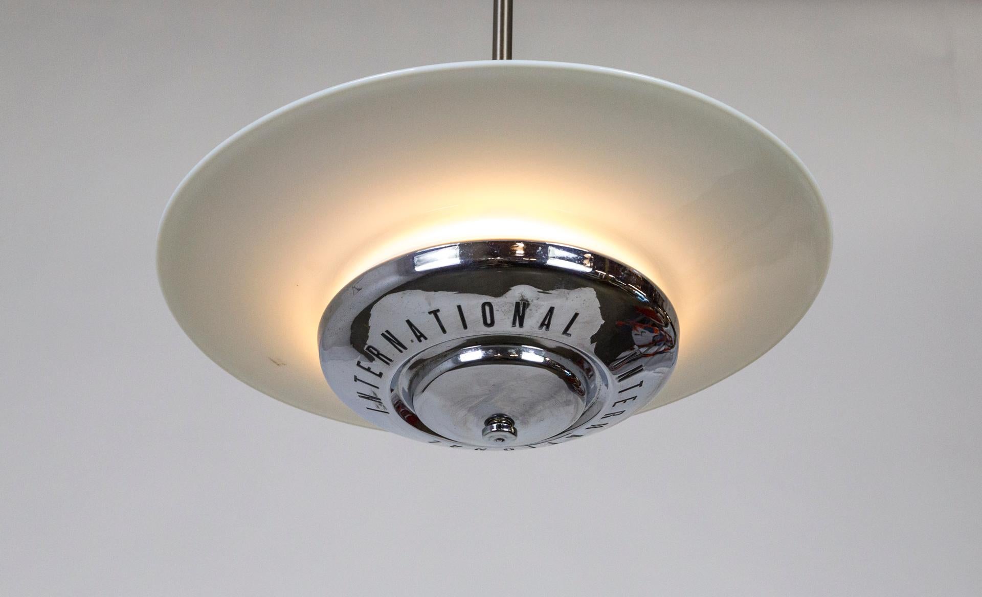 Vintage Chrome Hubcap and Milk Glass Pendant In Good Condition For Sale In San Francisco, CA
