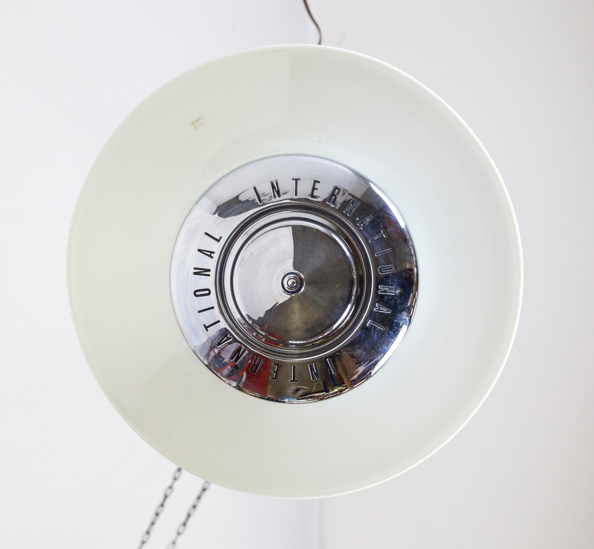 Mid-20th Century Vintage Chrome Hubcap and Milk Glass Pendant For Sale