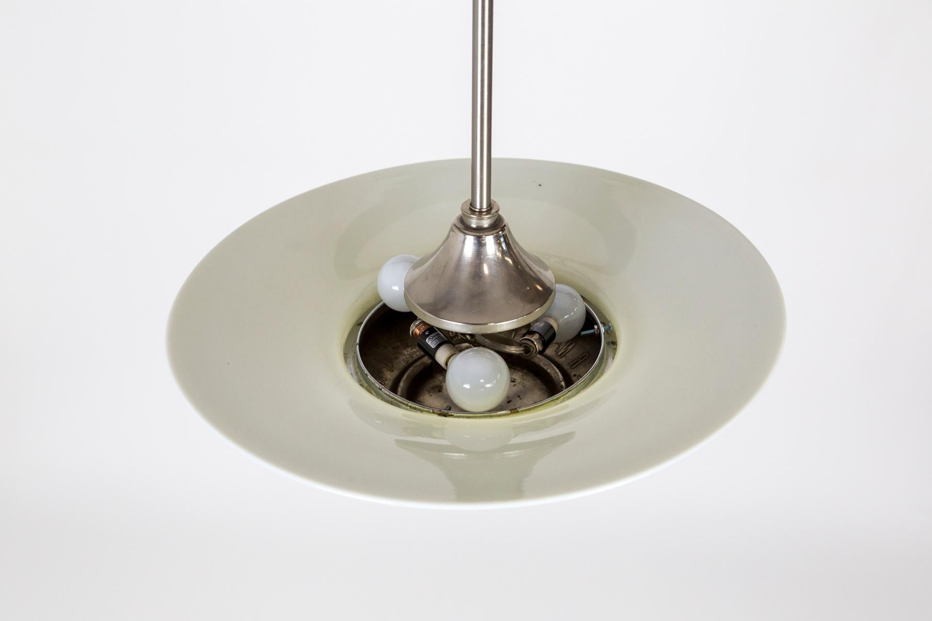 Metal Vintage Chrome Hubcap and Milk Glass Pendant For Sale