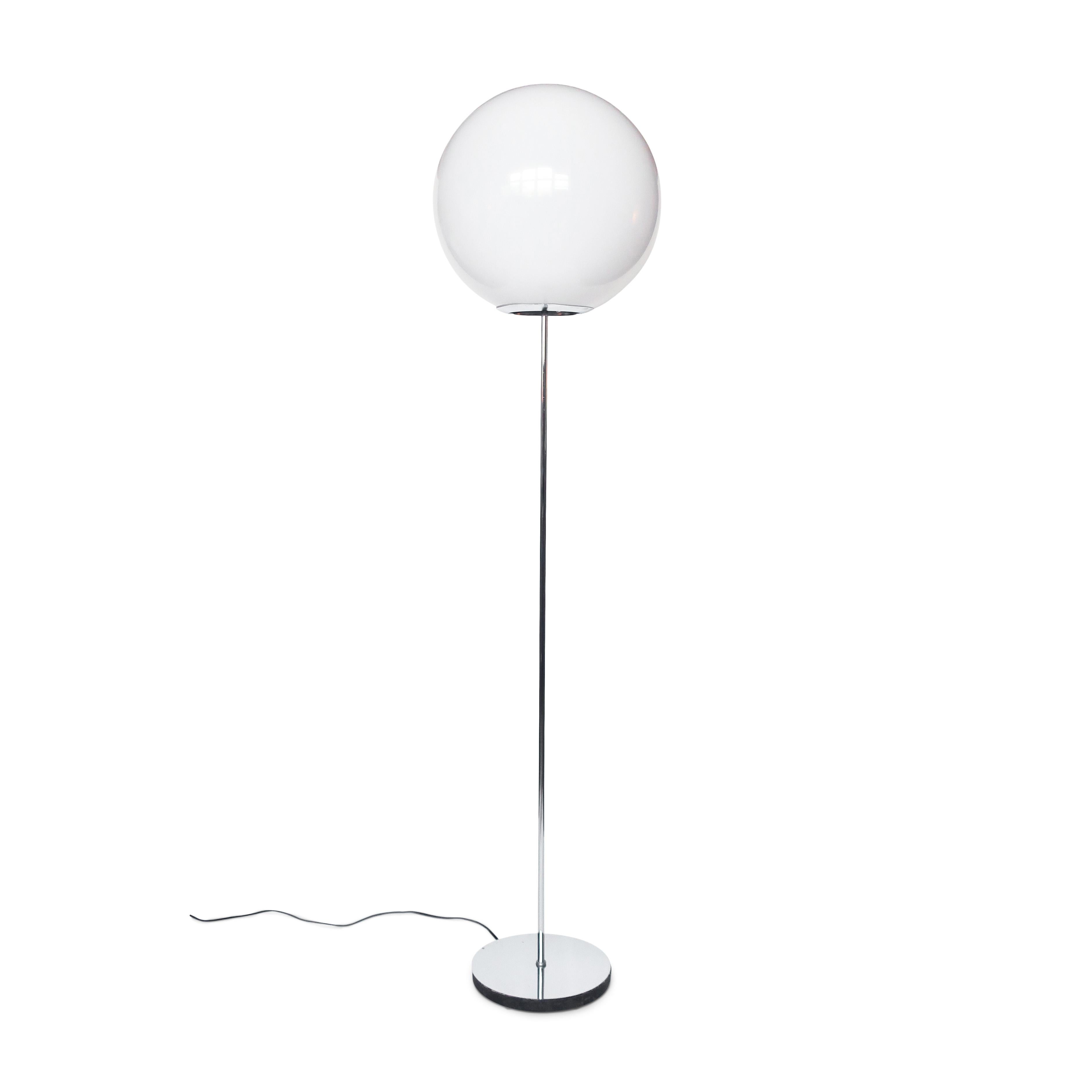 A beautiful mid-century modern floor lamp with white plastic globe shade in the style of Robert Sonneman and Neal Small.   Includes a spherical light-diffusing plastic shade (much safer than a glass shade!), a round weighted chrome base, and slender