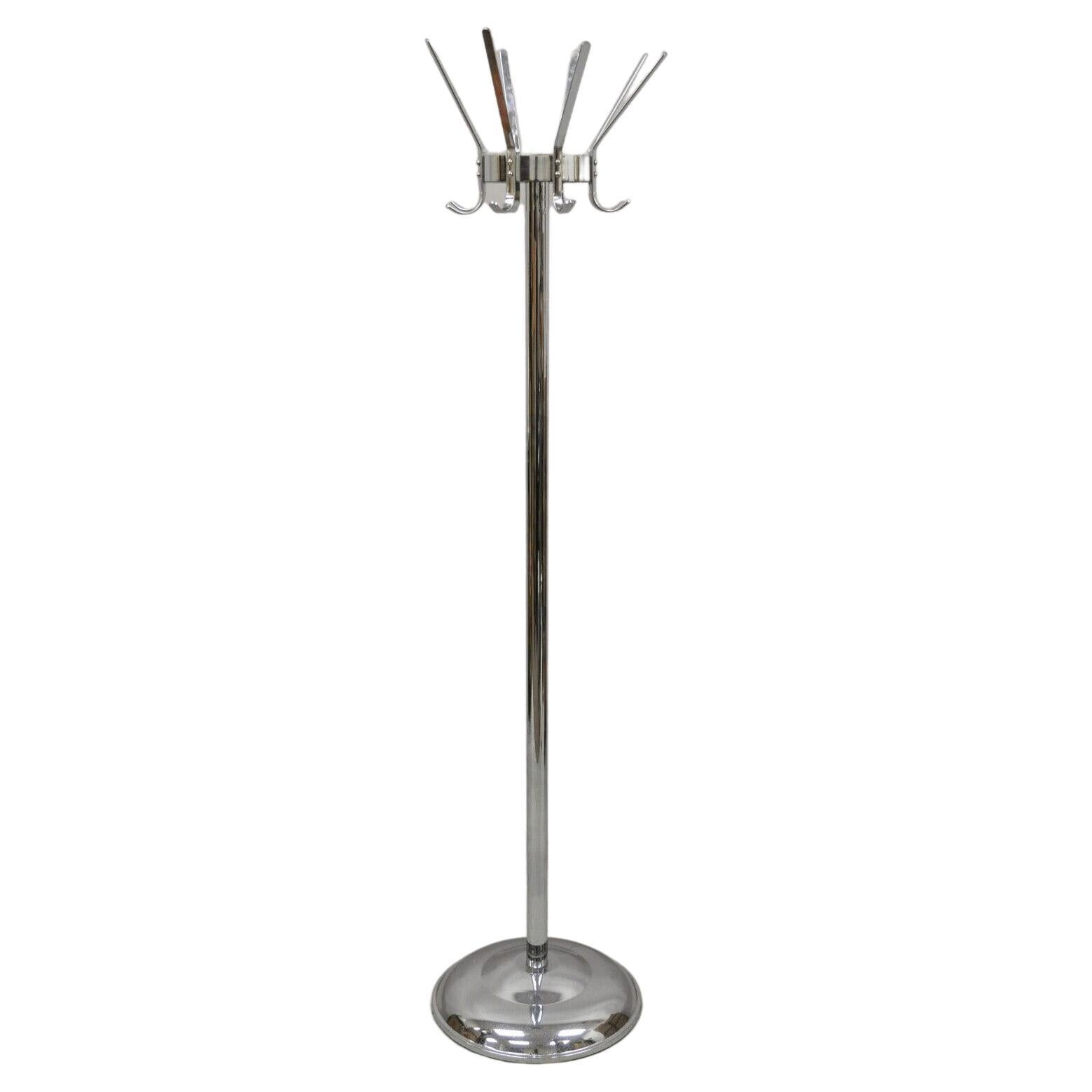 Vintage Chrome Metal Art Deco Style Coat Tree Stand with Revolving Hooks For Sale