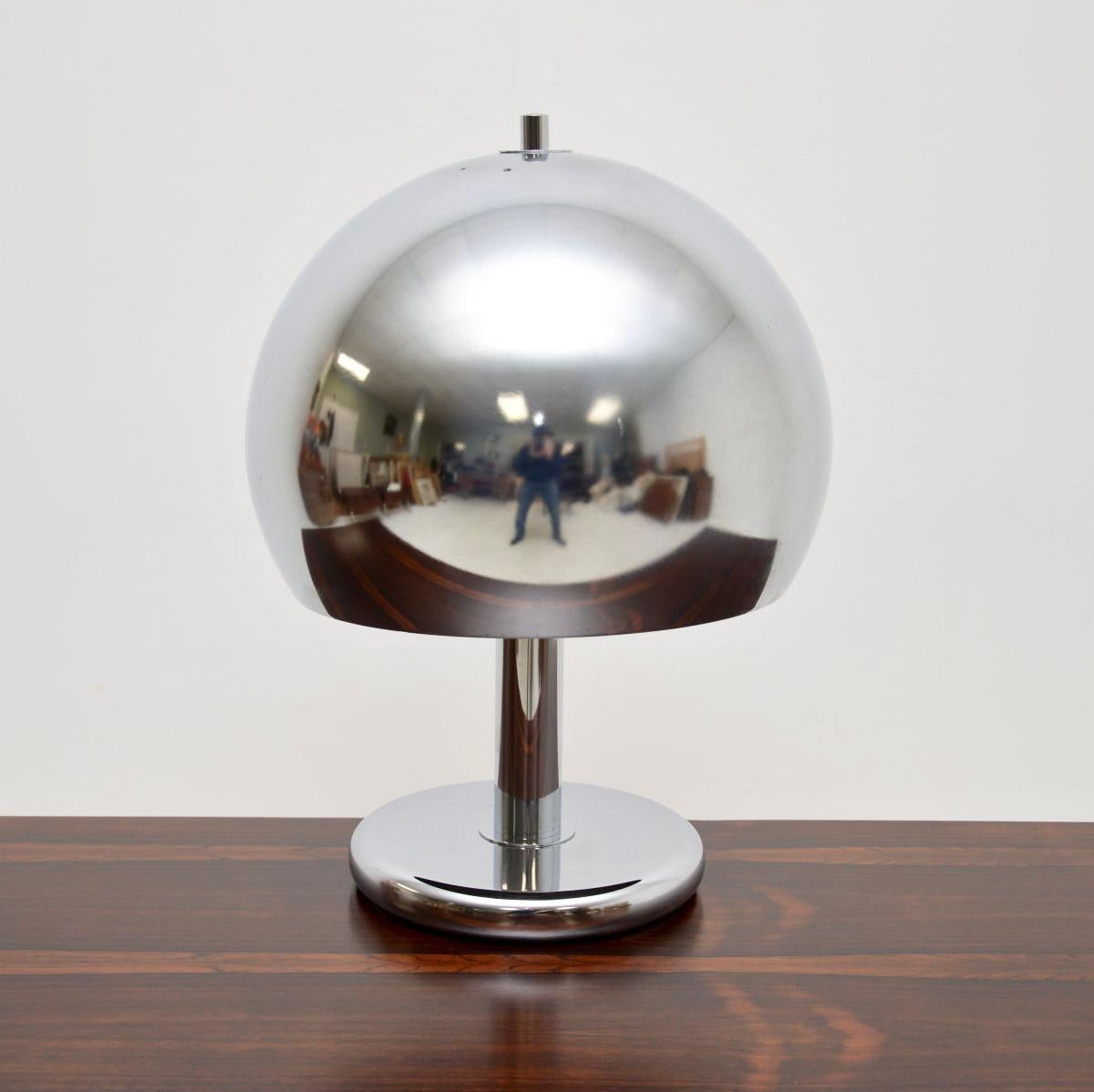 A stunning vintage chrome mushroom lamp, made in France and dating from the 1970’s.

It is of outstanding quality, with a very thick and sturdy chromed steel frame. This is a great size to be used as a desk lamp or table lamp around the home. It is