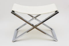 1980's Vintage Chrome Steel X Frame Bench With New White Boucle Upholstered Seat