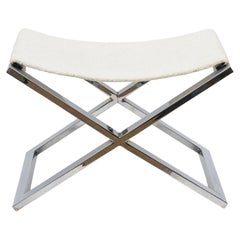 Retro Chrome Over Steel X Frame Bench With White Boucle Upholstered Seat