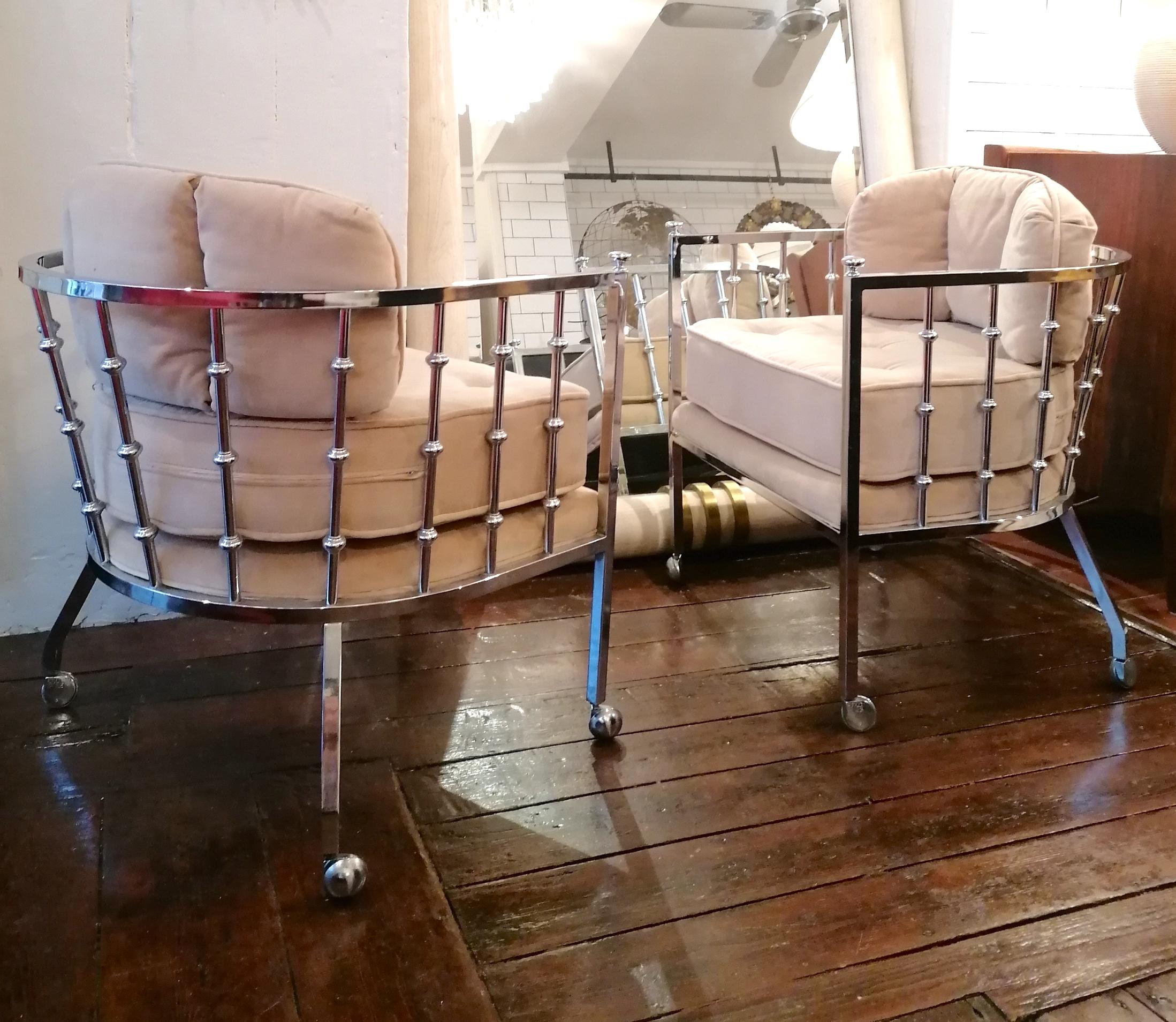 Vintage chrome spindle armchairs with casters by Drexel, USA, 1970s. 2 available For Sale 7