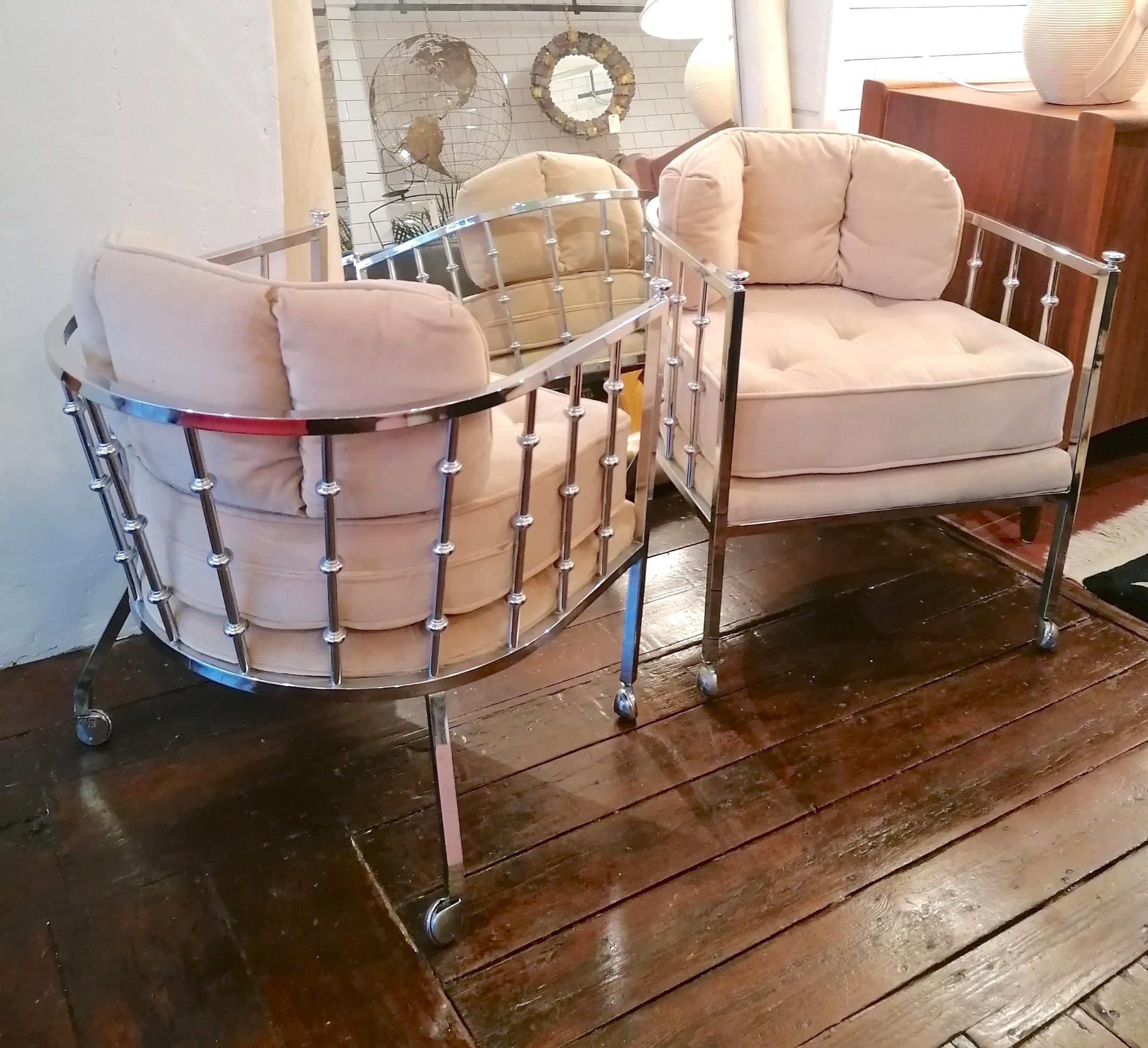 American Vintage chrome spindle armchairs with casters by Drexel, USA, 1970s. 2 available For Sale
