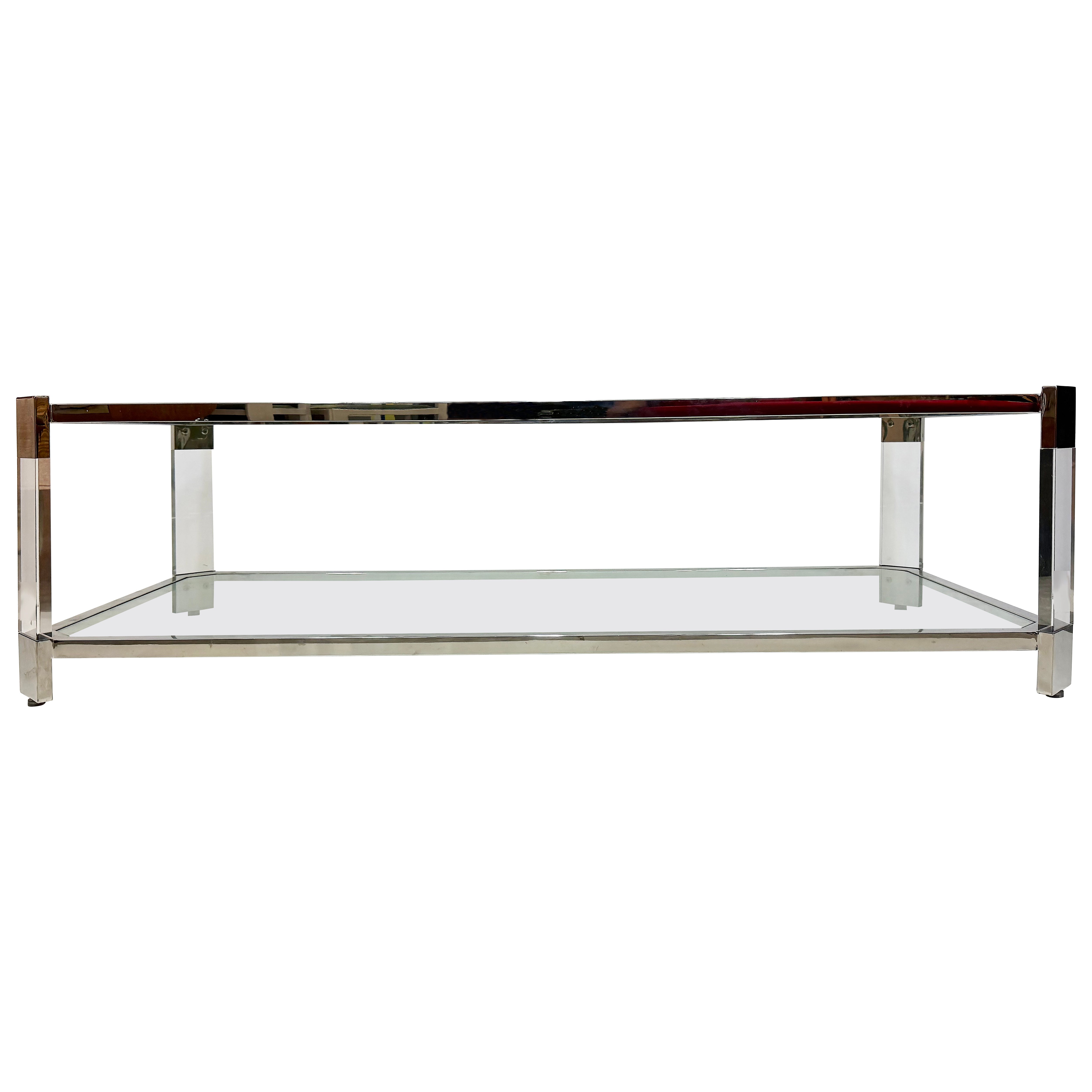 Vintage Chrome, Thick Lucite Coffee Table with Glass Shelves For Sale