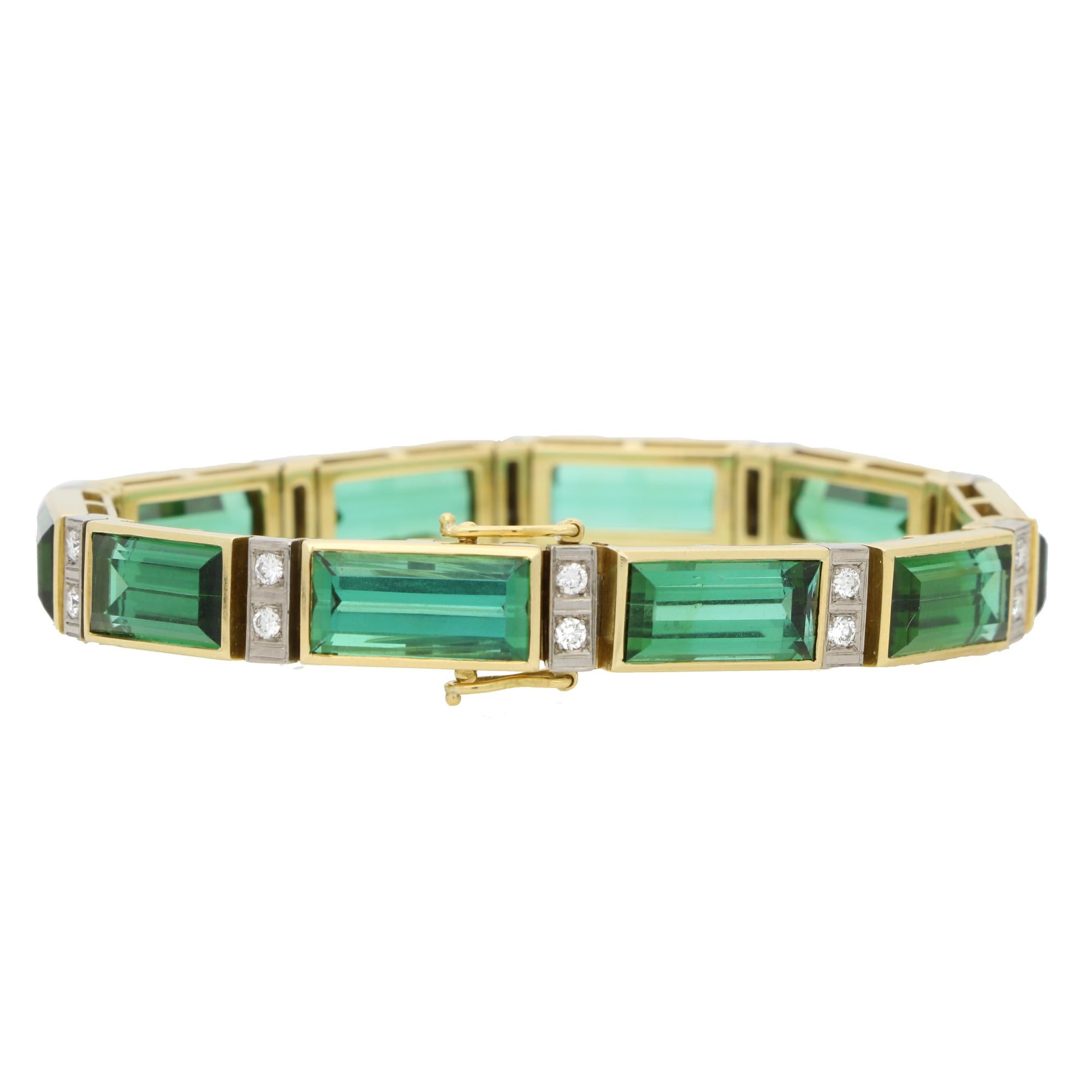 Baguette Cut Vintage Chrome Tourmaline and Diamond Panel Bracelet in 18k Yellow Gold For Sale