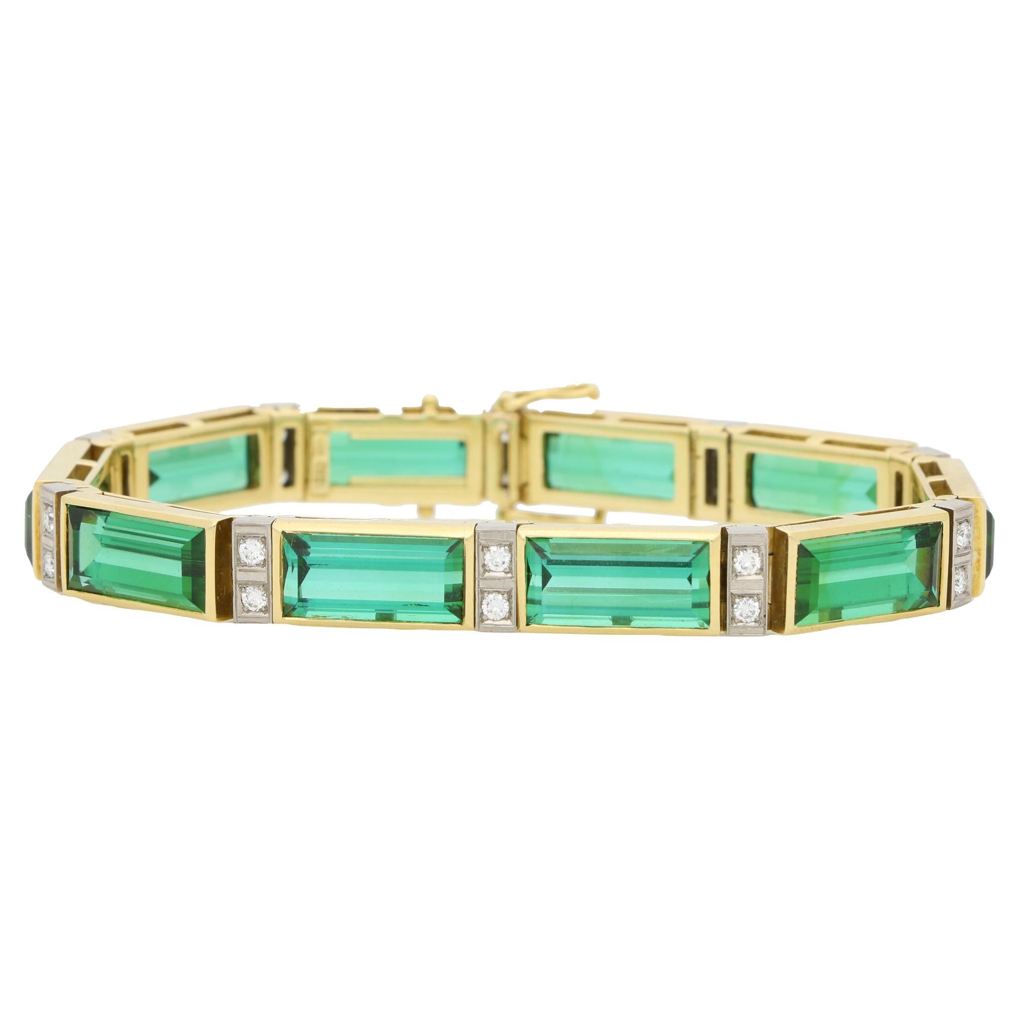 Vintage Chrome Tourmaline and Diamond Panel Bracelet in 18k Yellow Gold